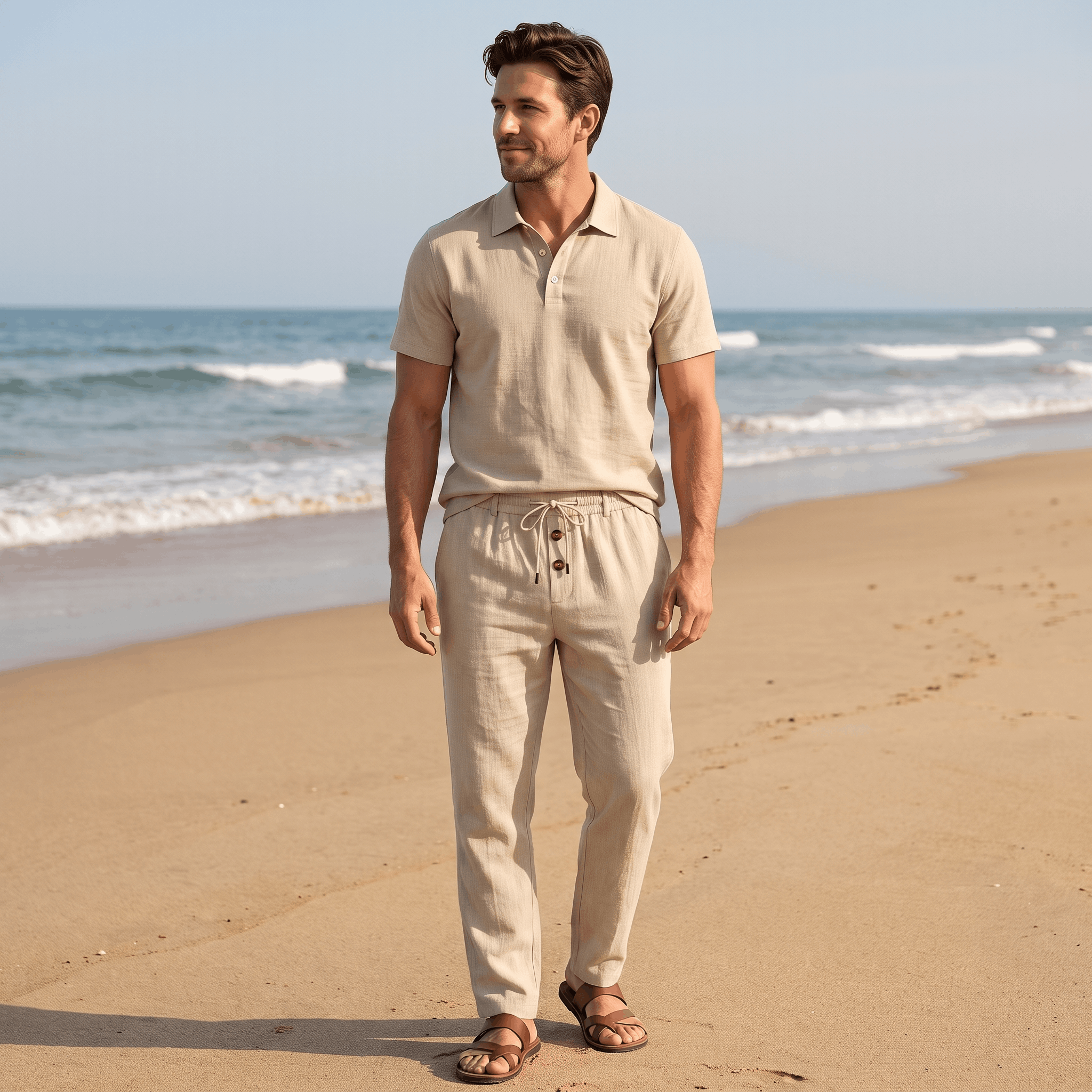 Thomas Textured Linen Polo Set – Relaxed Fit Drawstring Wide-Leg Loungewear