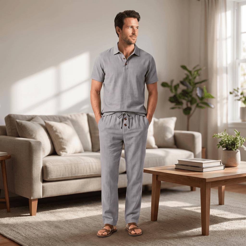 Thomas Textured Linen Polo Set – Relaxed Fit Drawstring Wide-Leg Loungewear