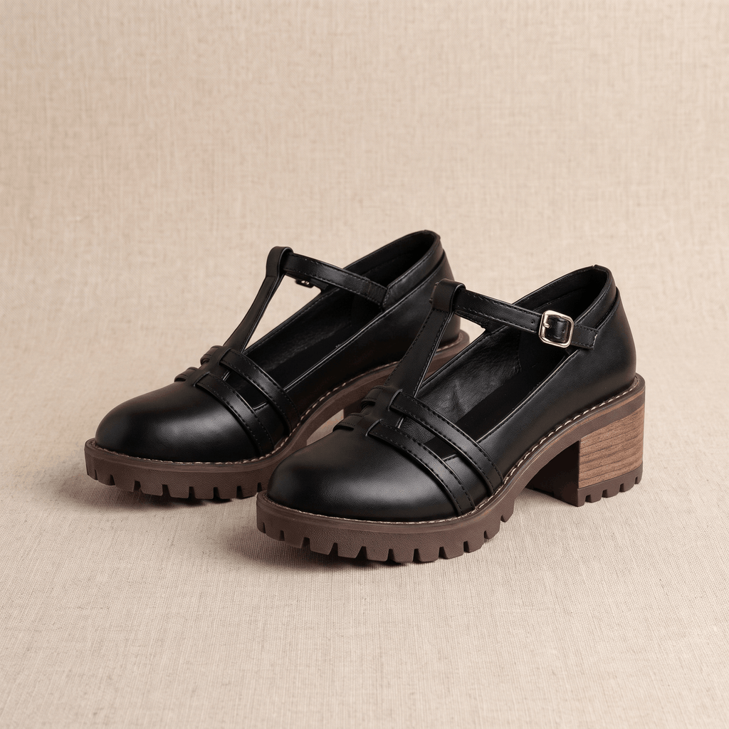 Britney Leather Mary Jane Heels – T-Strap Block-Heel Lugged-Sole Shoes
