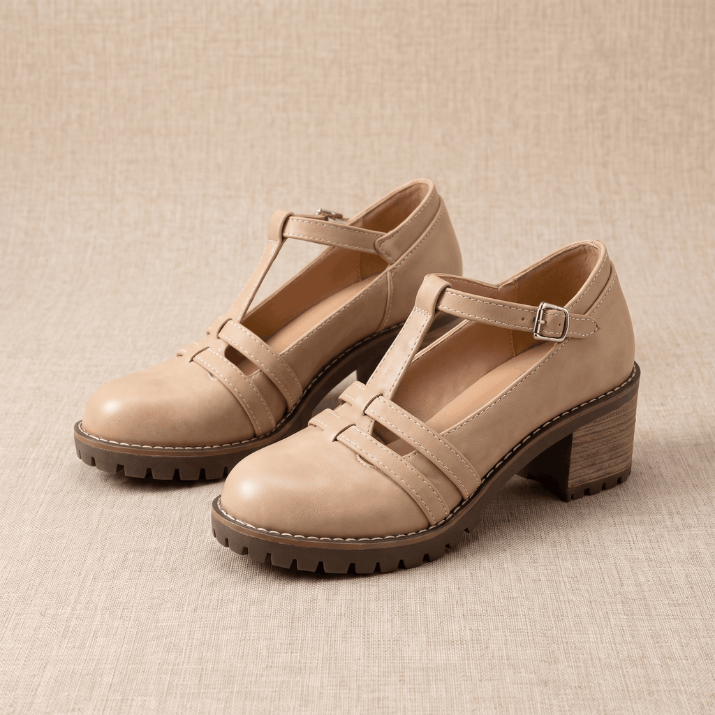 Britney Leather Mary Jane Heels – T-Strap Block-Heel Lugged-Sole Shoes