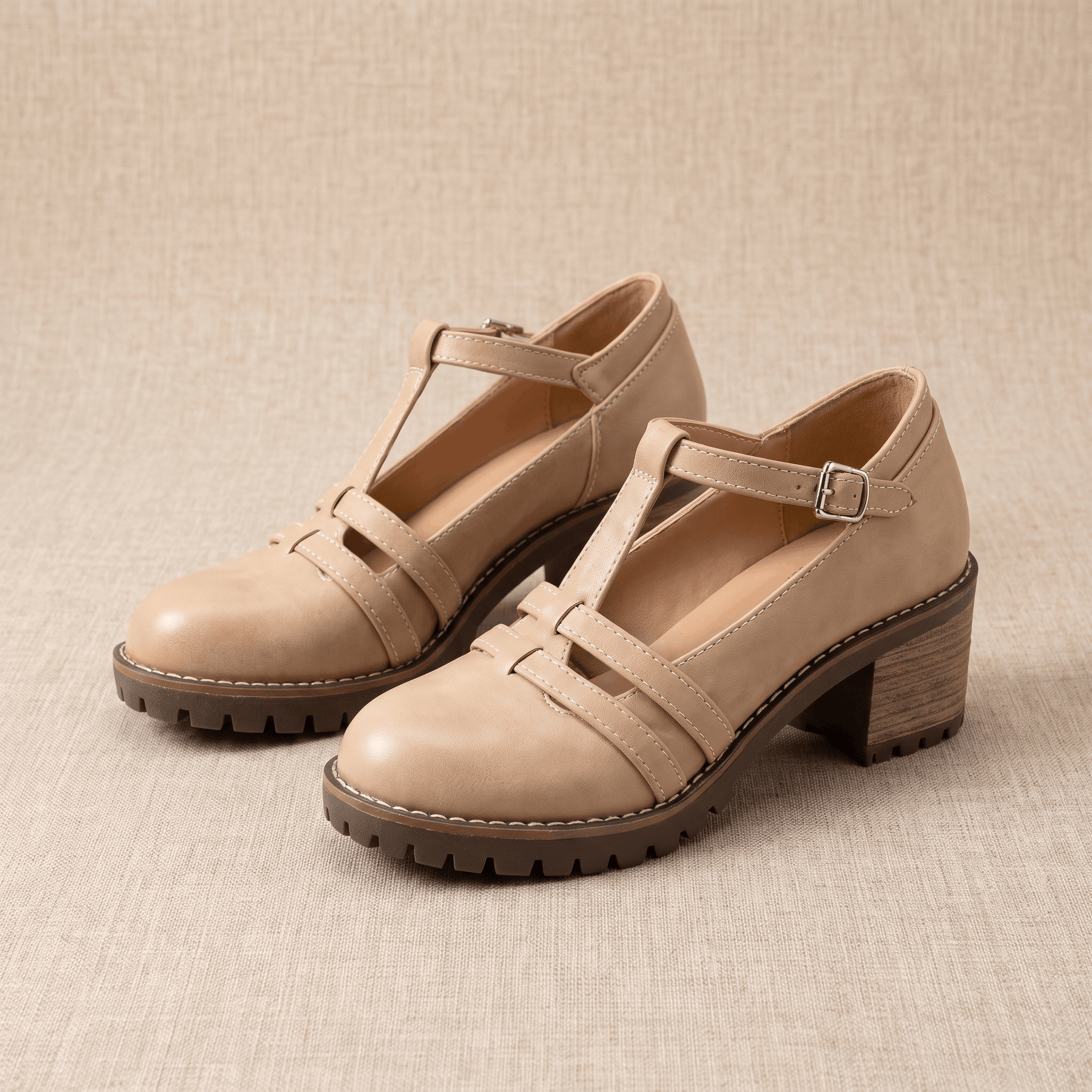 Britney Leather Mary Jane Heels – T-Strap Block-Heel Lugged-Sole Shoes