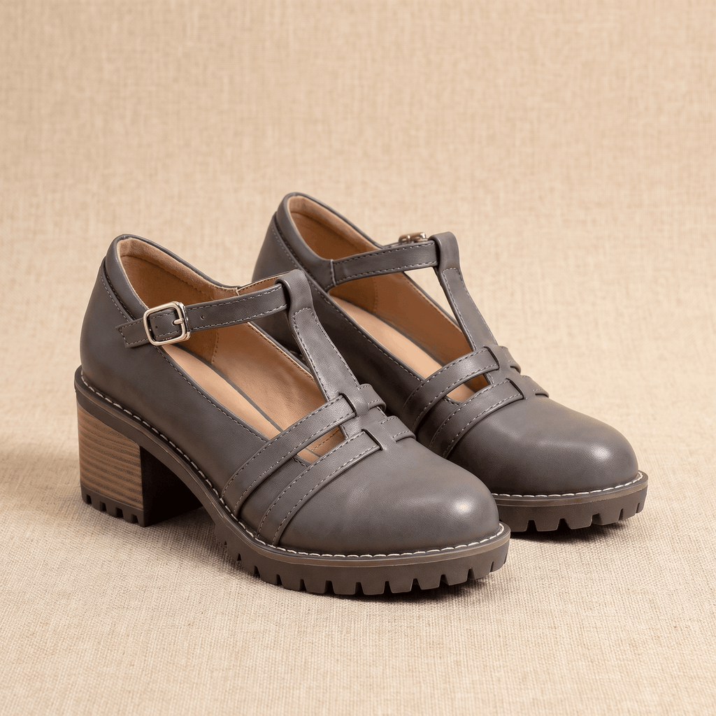 Britney Leather Mary Jane Heels – T-Strap Block-Heel Lugged-Sole Shoes