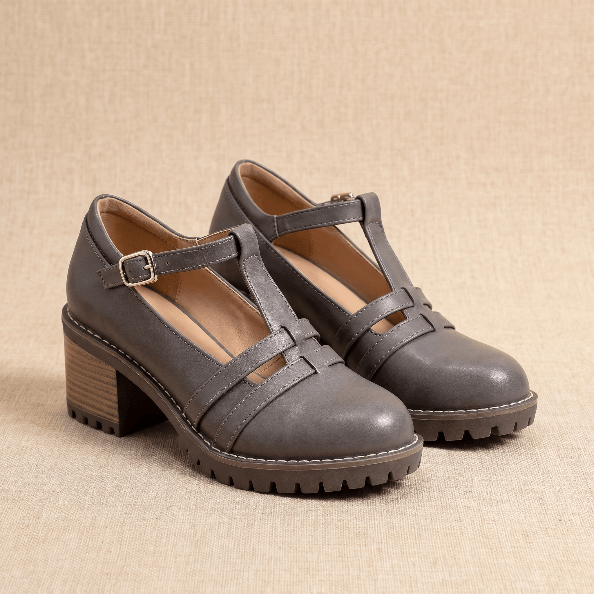 Britney Leather Mary Jane Heels – T-Strap Block-Heel Lugged-Sole Shoes