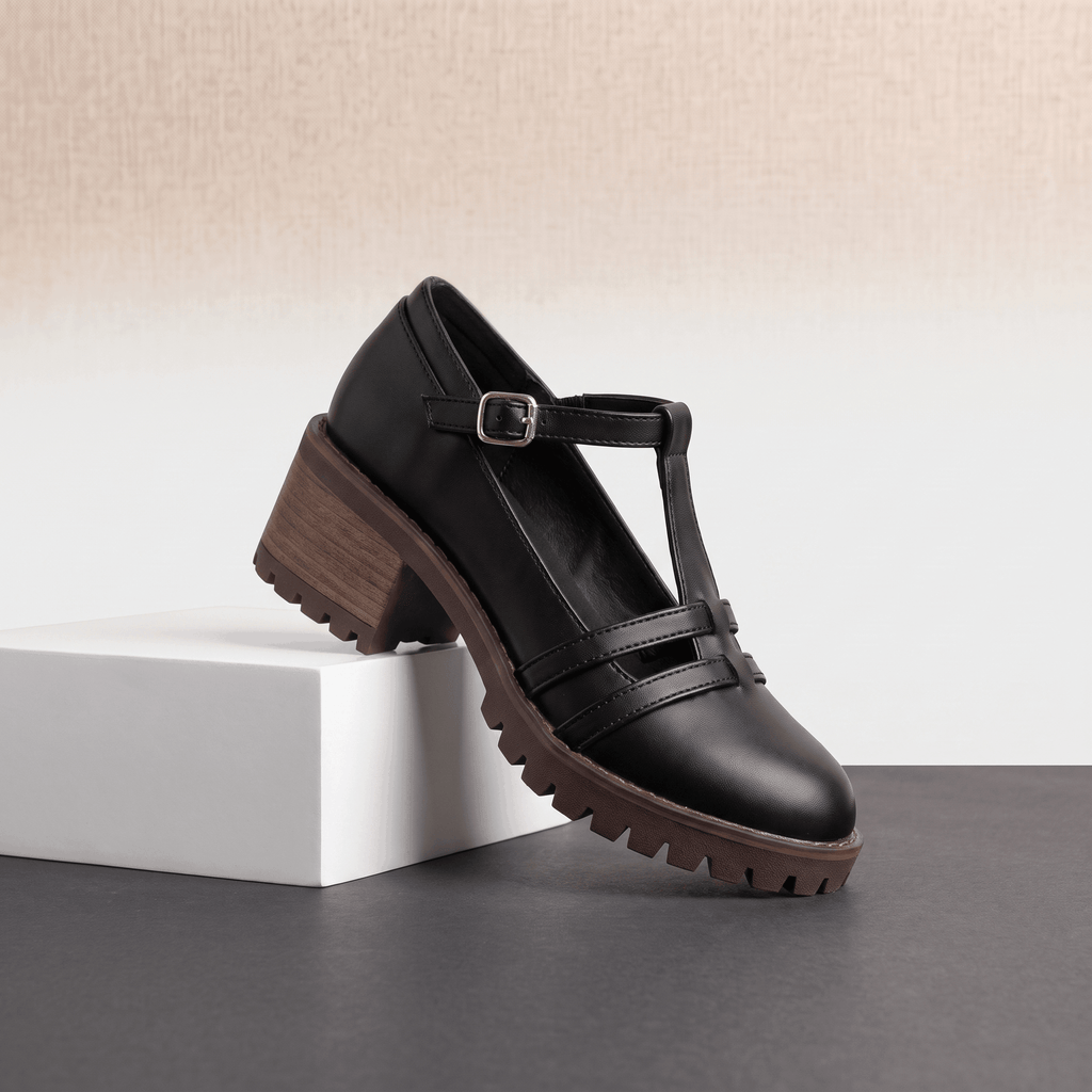 Britney Leather Mary Jane Heels – T-Strap Block-Heel Lugged-Sole Shoes
