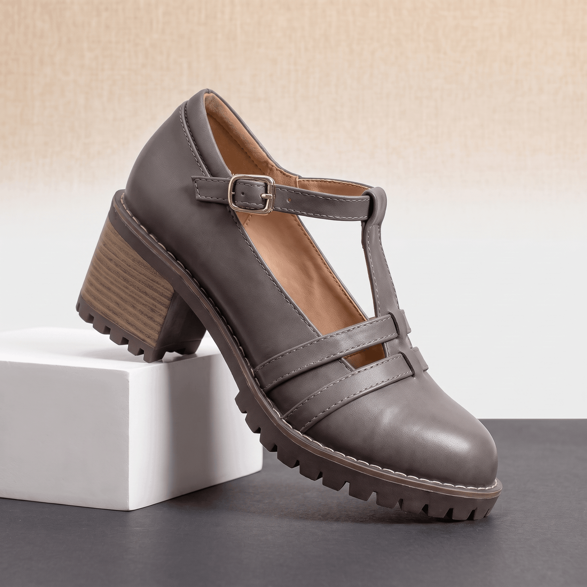 Britney Leather Mary Jane Heels – T-Strap Block-Heel Lugged-Sole Shoes