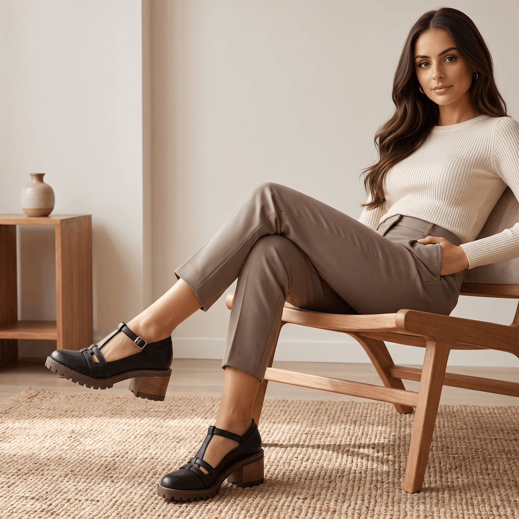 Britney Leather Mary Jane Heels – T-Strap Block-Heel Lugged-Sole Shoes