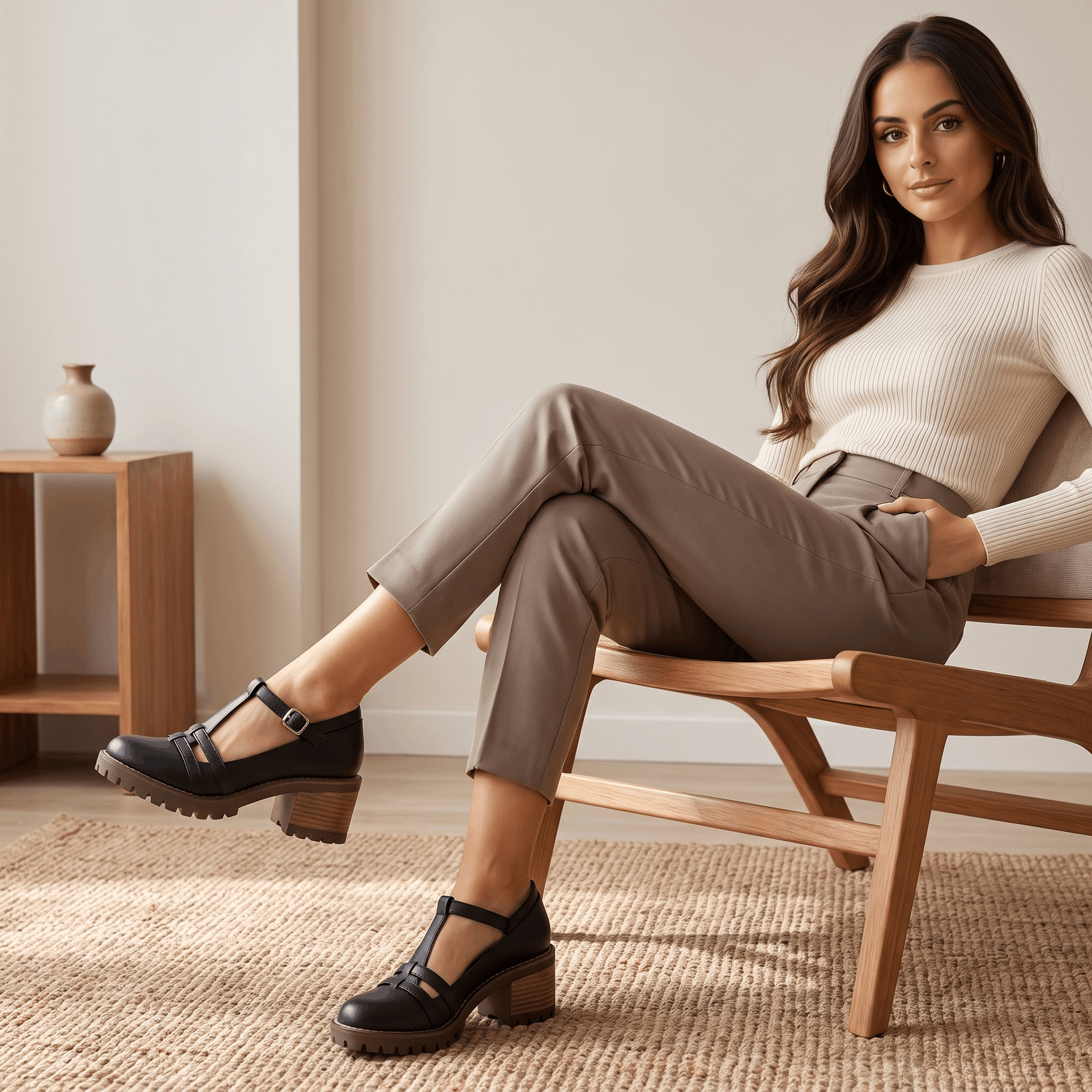 Britney Leather Mary Jane Heels – T-Strap Block-Heel Lugged-Sole Shoes