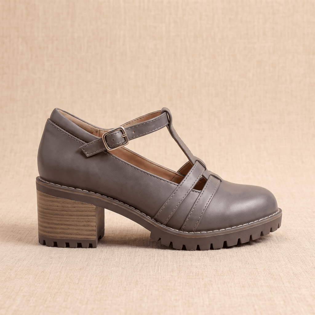 Britney Leather Mary Jane Heels – T-Strap Block-Heel Lugged-Sole Shoes