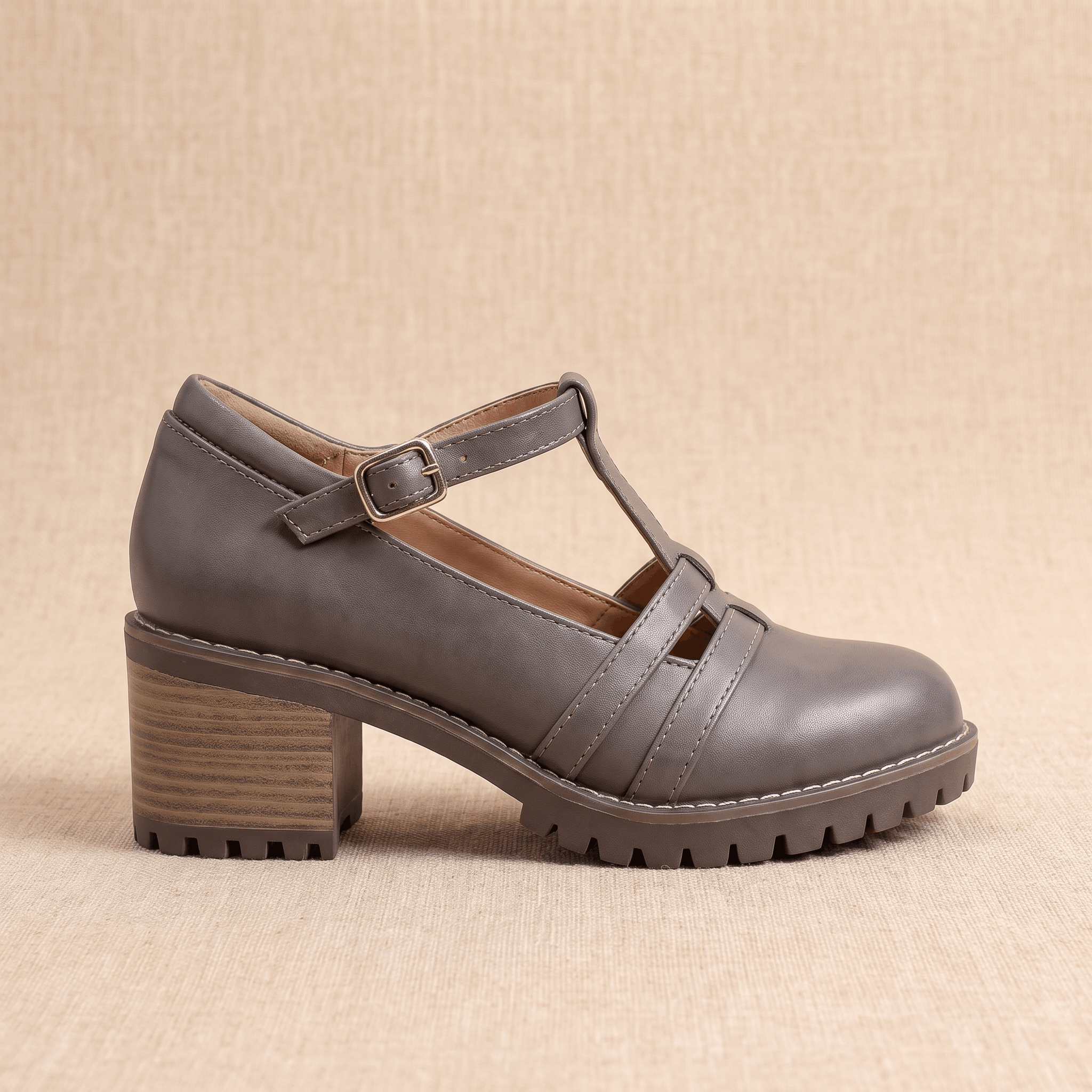 Britney Leather Mary Jane Heels – T-Strap Block-Heel Lugged-Sole Shoes