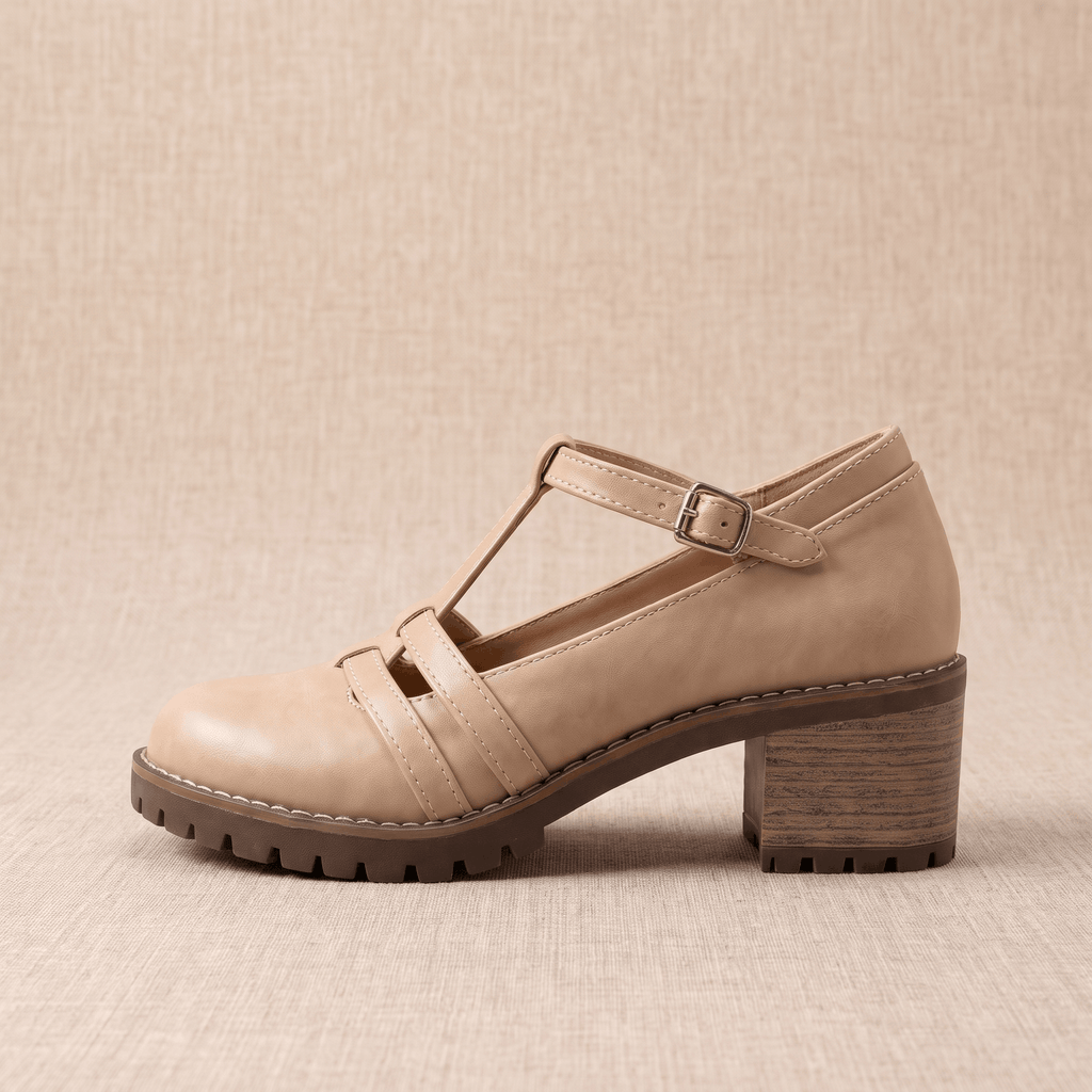 Britney Leather Mary Jane Heels – T-Strap Block-Heel Lugged-Sole Shoes