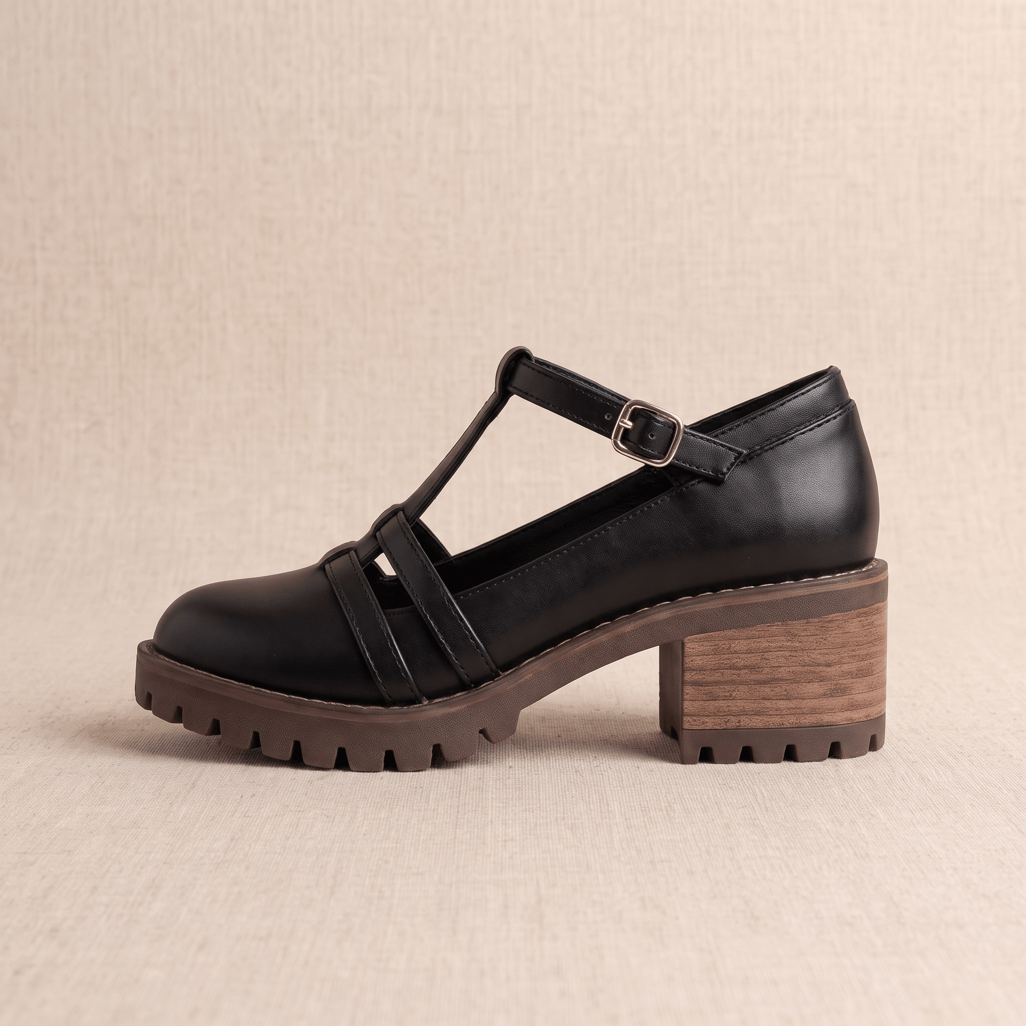 Britney Leather Mary Jane Heels – T-Strap Block-Heel Lugged-Sole Shoes