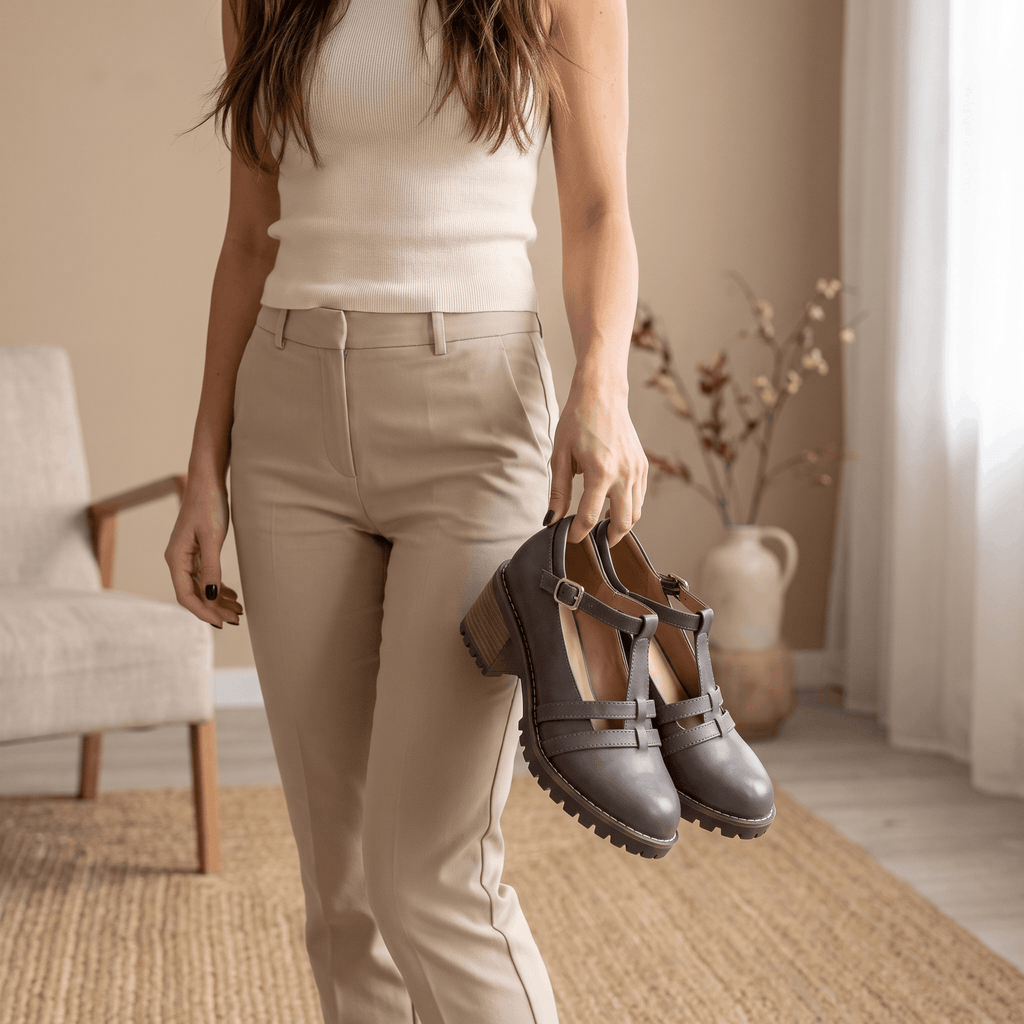 Britney Leather Mary Jane Heels – T-Strap Block-Heel Lugged-Sole Shoes