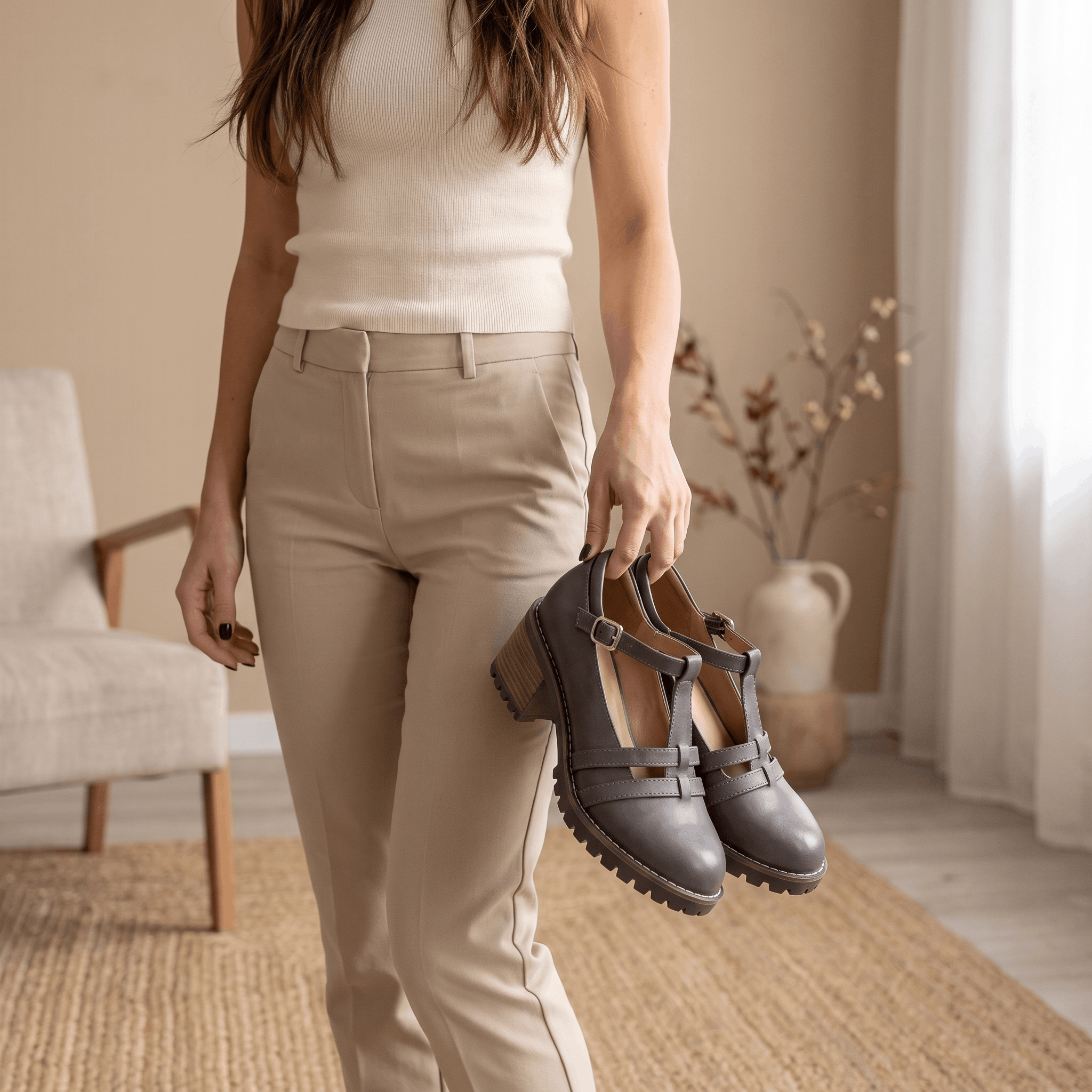 Britney Leather Mary Jane Heels – T-Strap Block-Heel Lugged-Sole Shoes