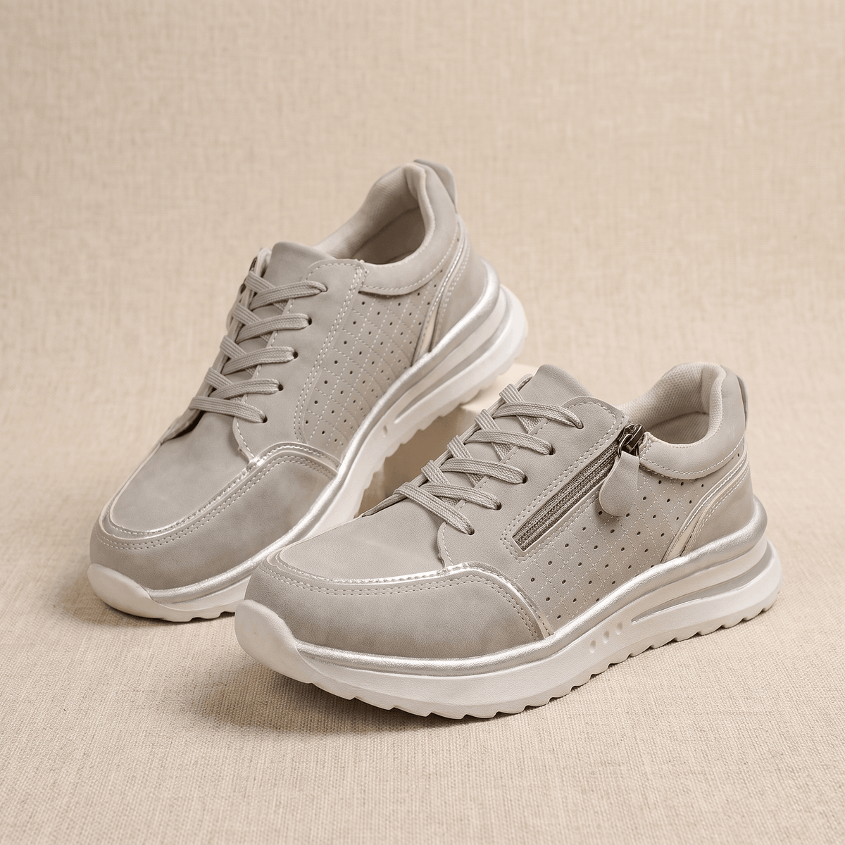 Geneva Perforated Mesh Sneakers – Side-Zip Lace-Up Cushioned Trainers