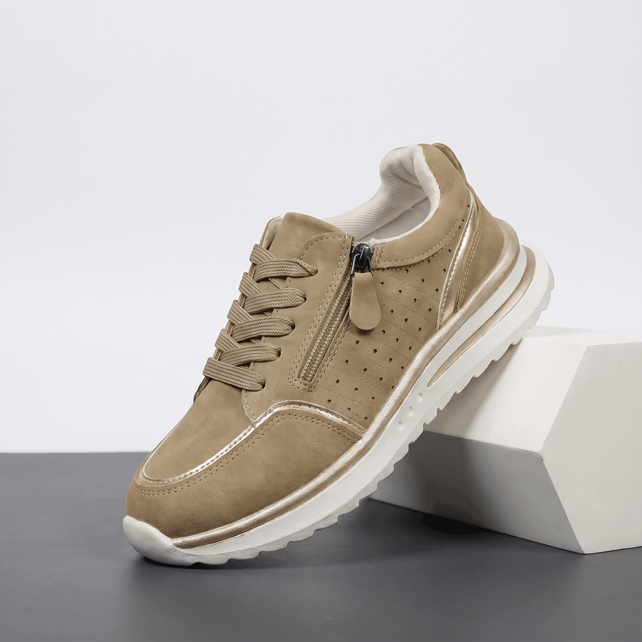 Geneva Perforated Mesh Sneakers – Side-Zip Lace-Up Cushioned Trainers