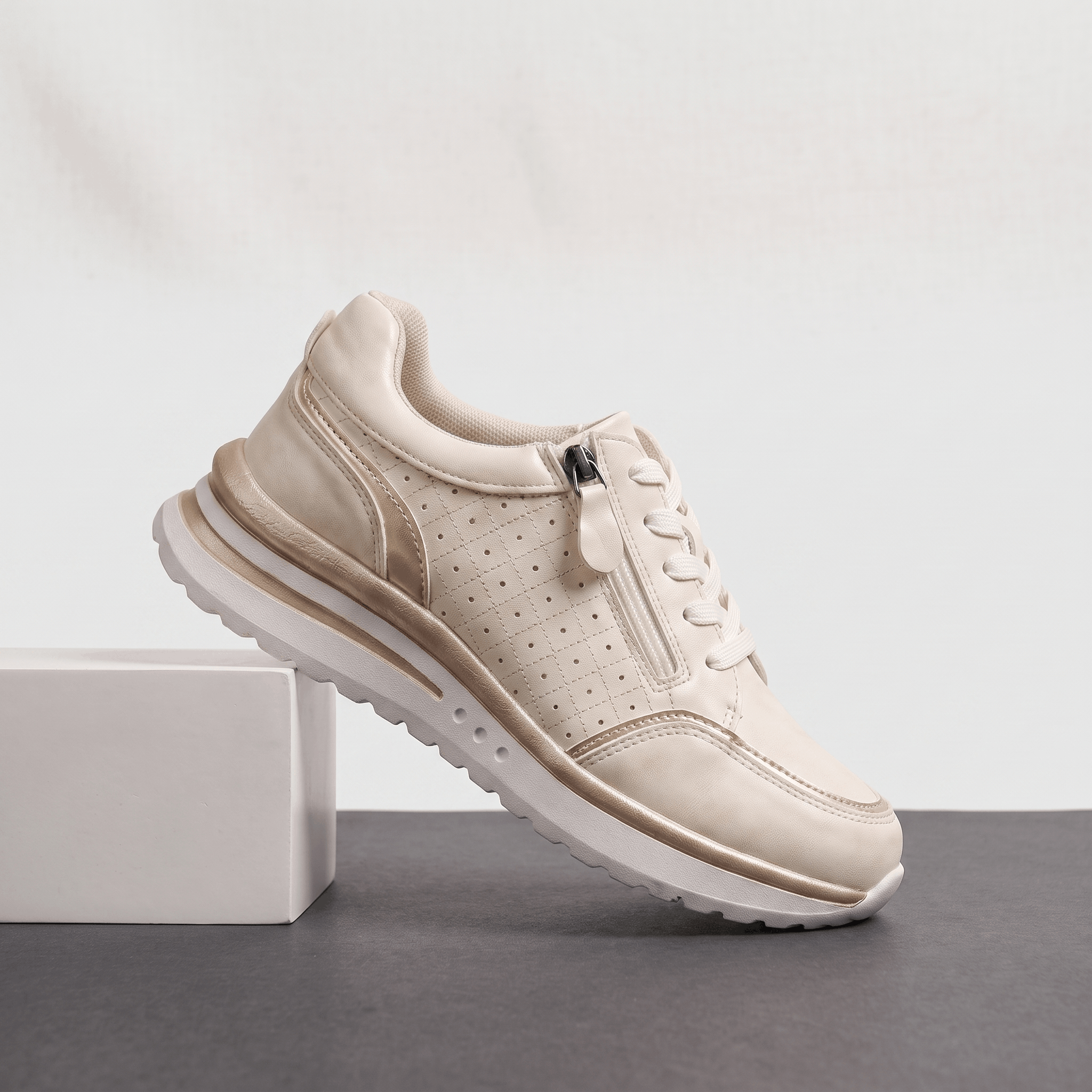 Geneva Perforated Mesh Sneakers – Side-Zip Lace-Up Cushioned Trainers