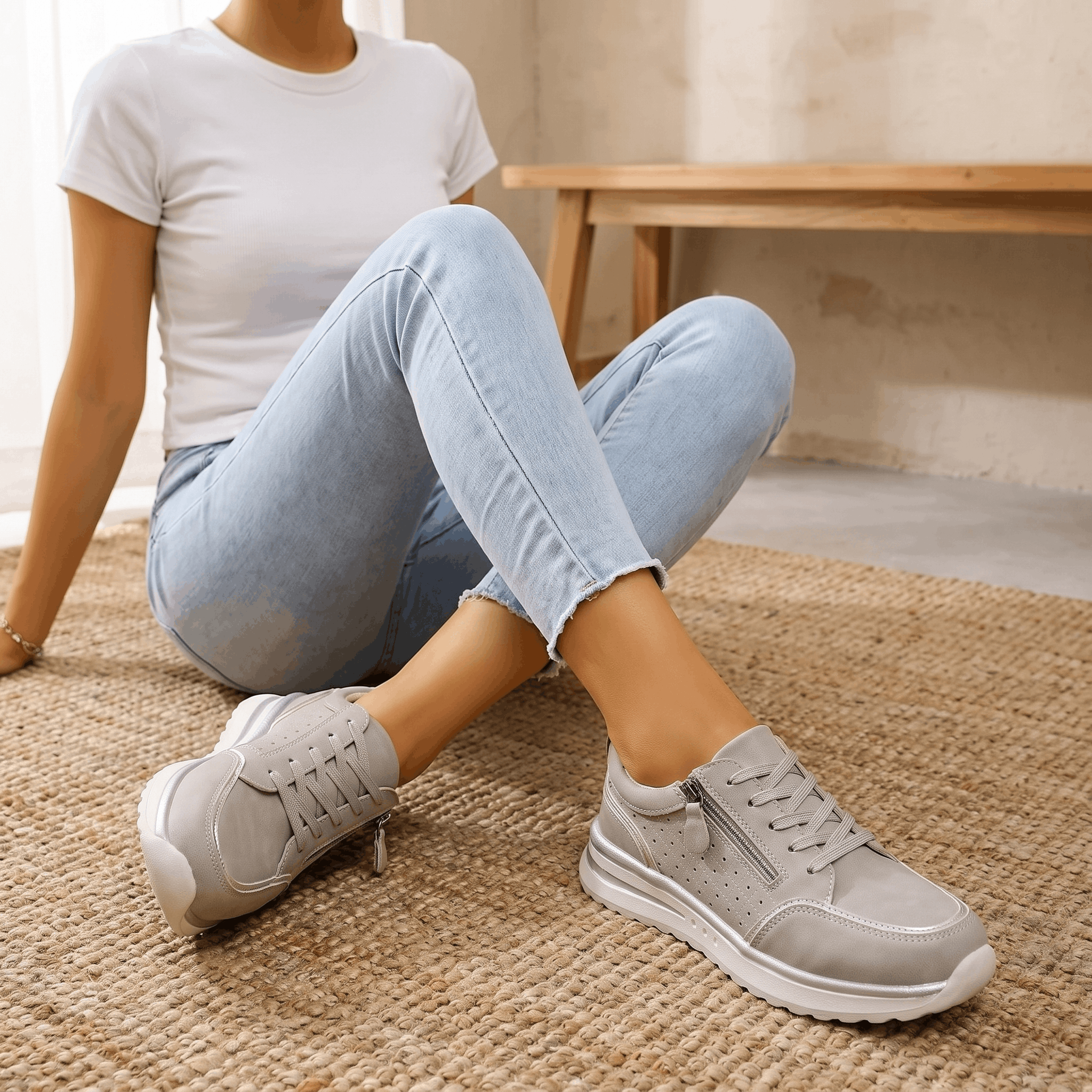 Geneva Perforated Mesh Sneakers – Side-Zip Lace-Up Cushioned Trainers