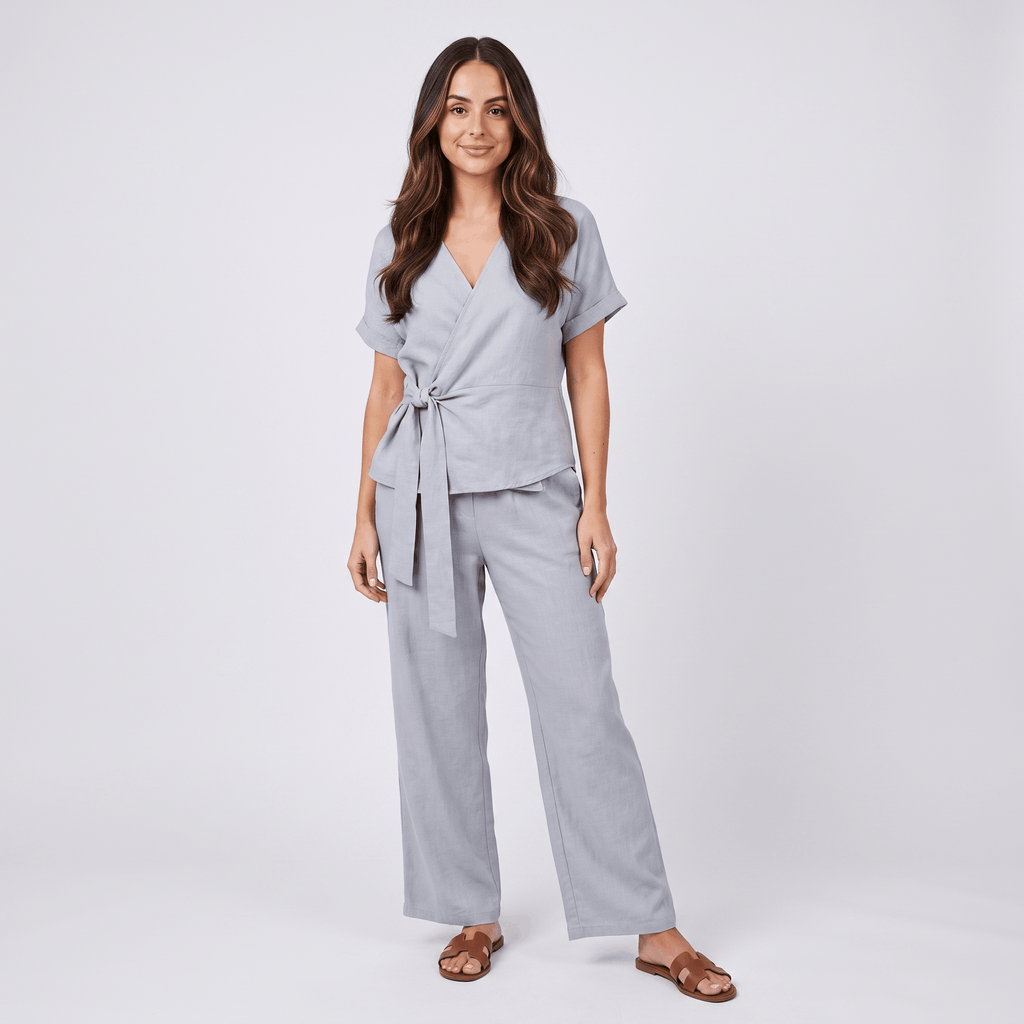 Winona Cotton-Linen Wide-Leg Set – Tie-Waist V-Neck Relaxed Outfit