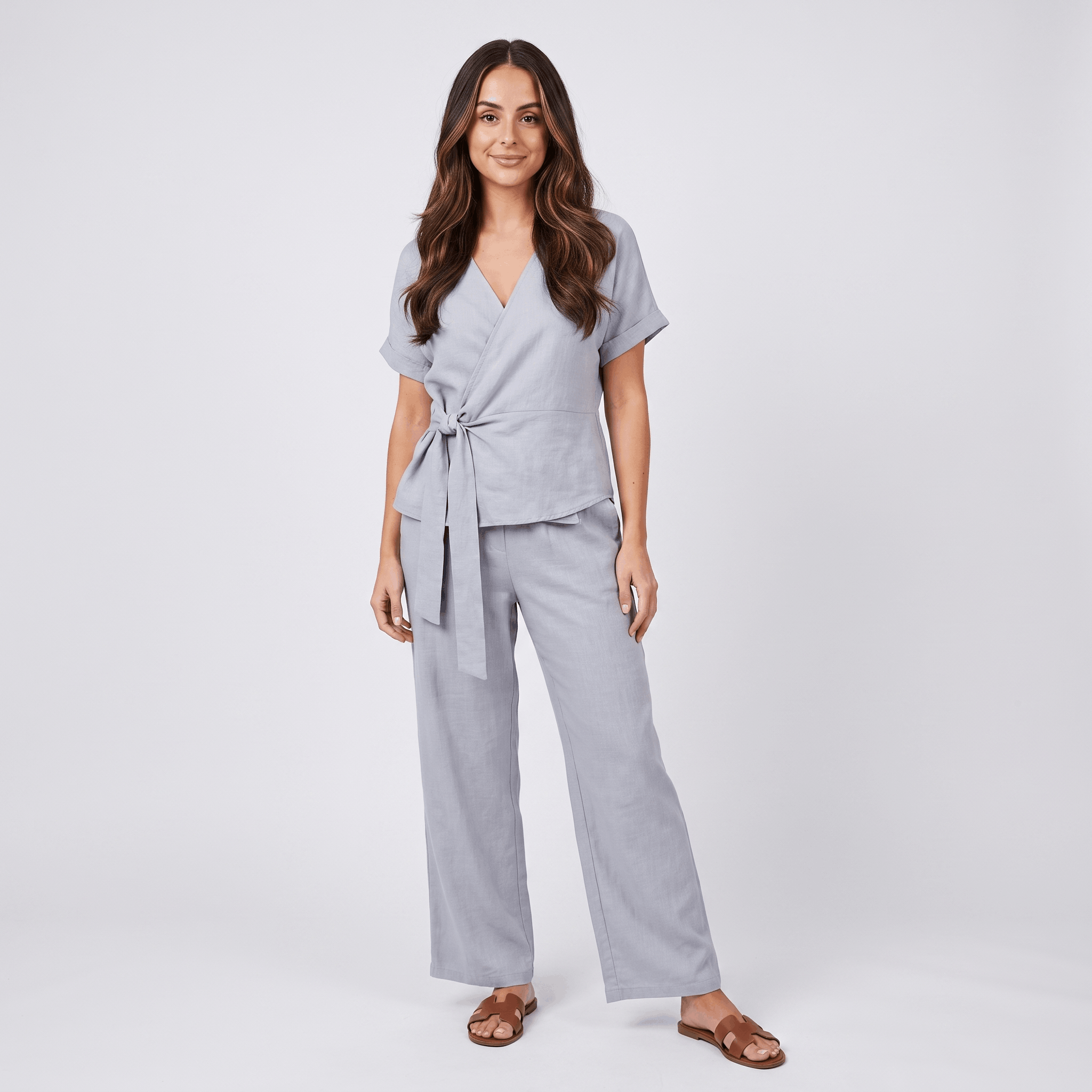 Winona Cotton-Linen Wide-Leg Set – Tie-Waist V-Neck Relaxed Outfit