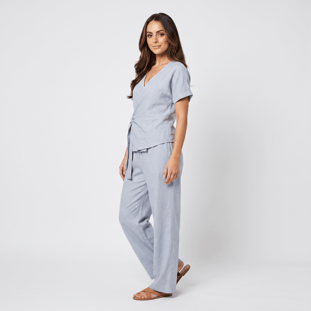 Winona Cotton-Linen Wide-Leg Set – Tie-Waist V-Neck Relaxed Outfit