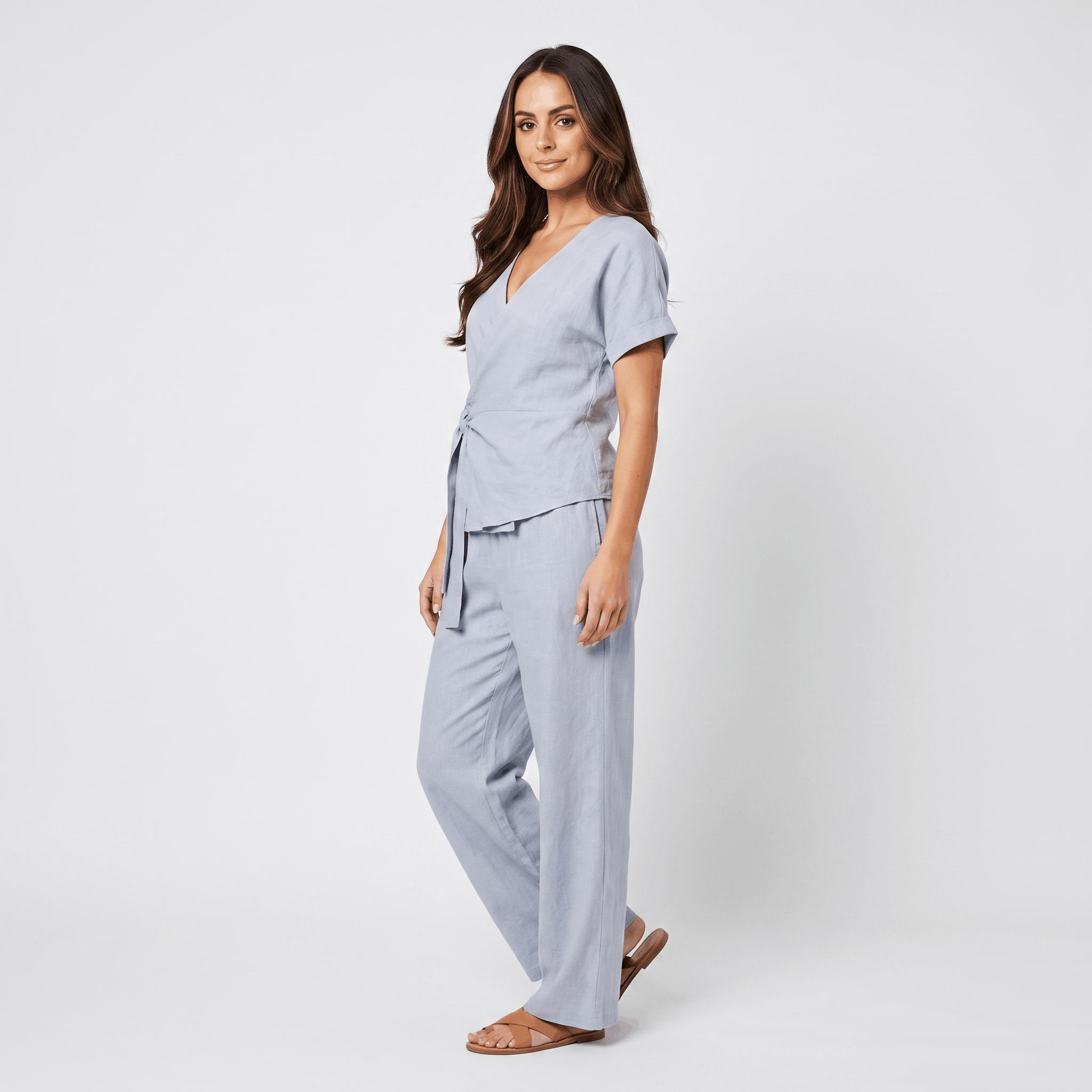 Winona Cotton-Linen Wide-Leg Set – Tie-Waist V-Neck Relaxed Outfit