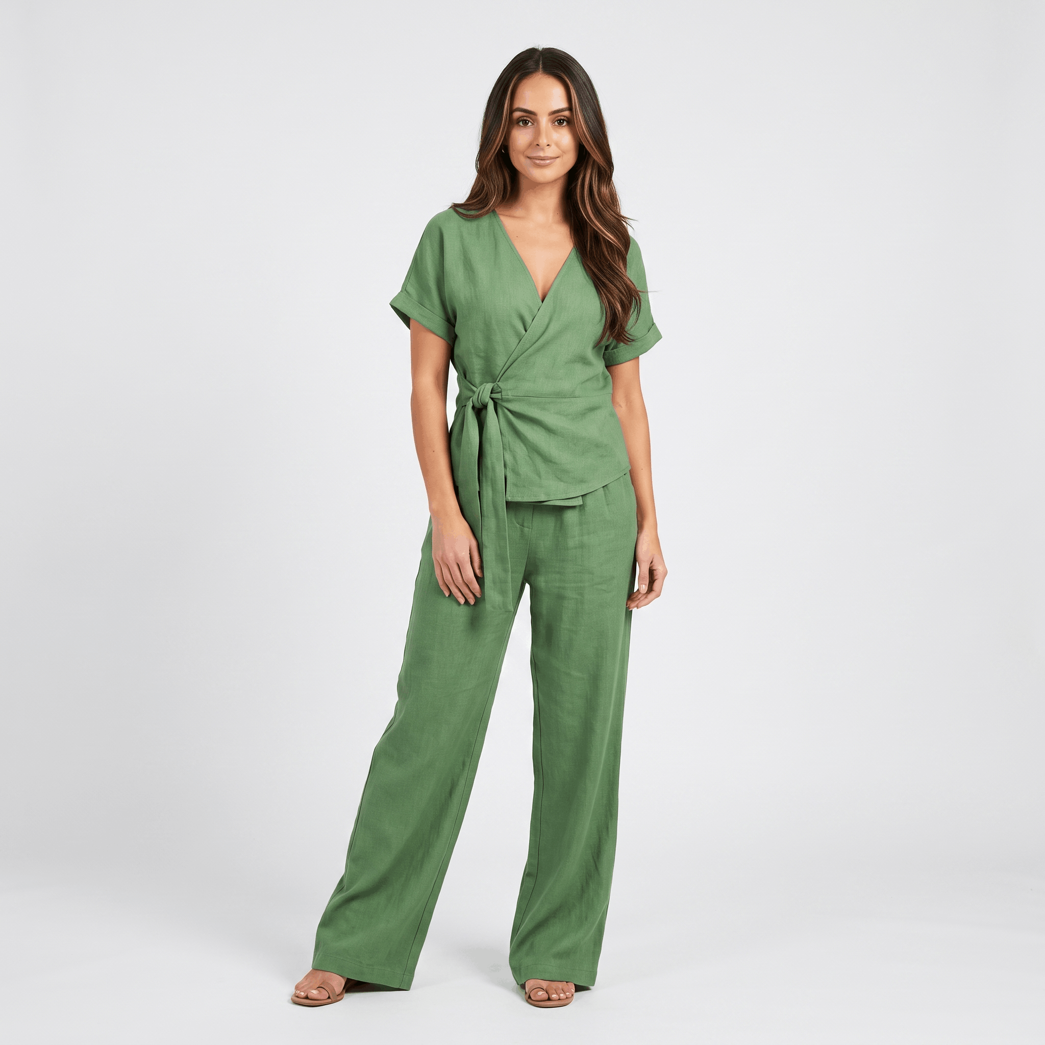 Winona Cotton-Linen Wide-Leg Set – Tie-Waist V-Neck Relaxed Outfit