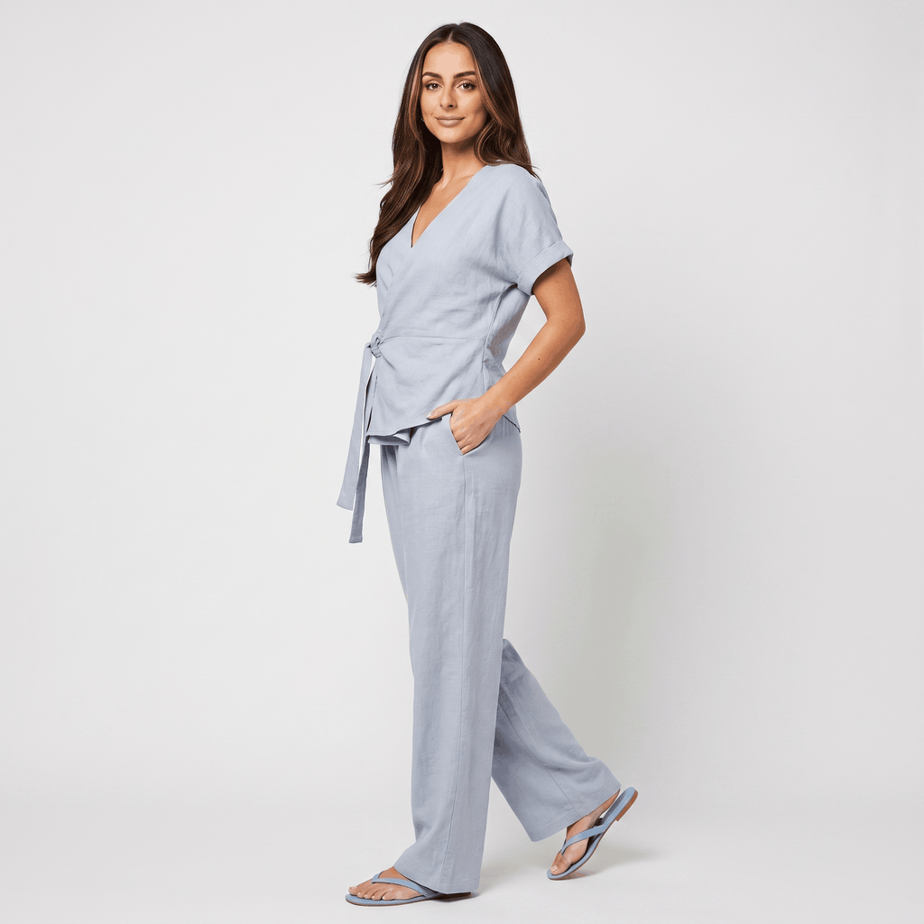 Winona Cotton-Linen Wide-Leg Set – Tie-Waist V-Neck Relaxed Outfit