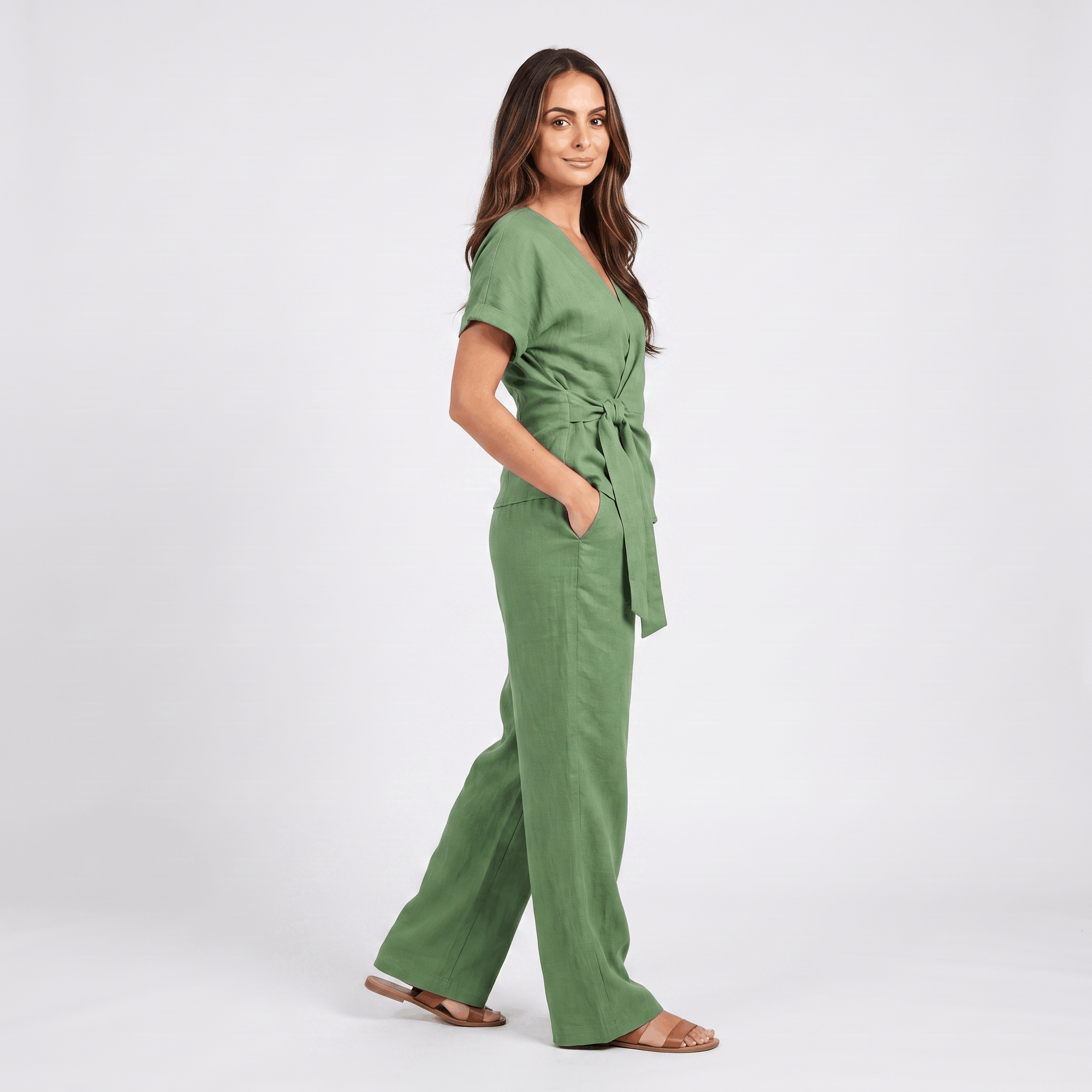 Winona Cotton-Linen Wide-Leg Set – Tie-Waist V-Neck Relaxed Outfit