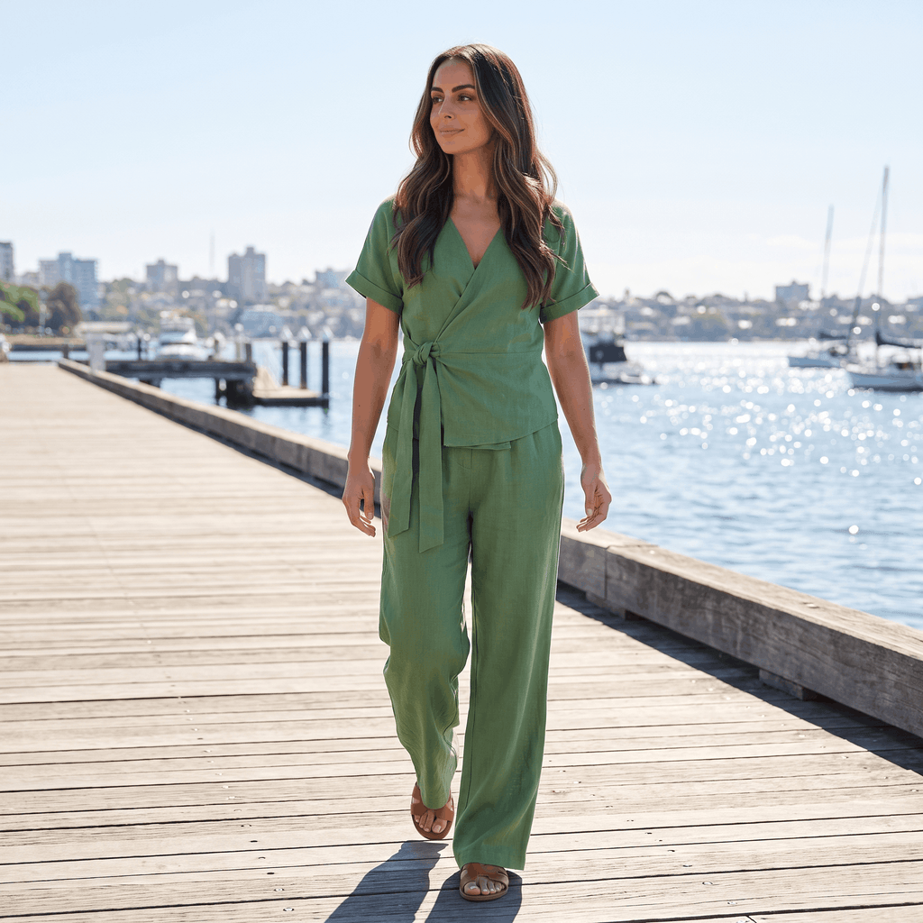 Winona Cotton-Linen Wide-Leg Set – Tie-Waist V-Neck Relaxed Outfit