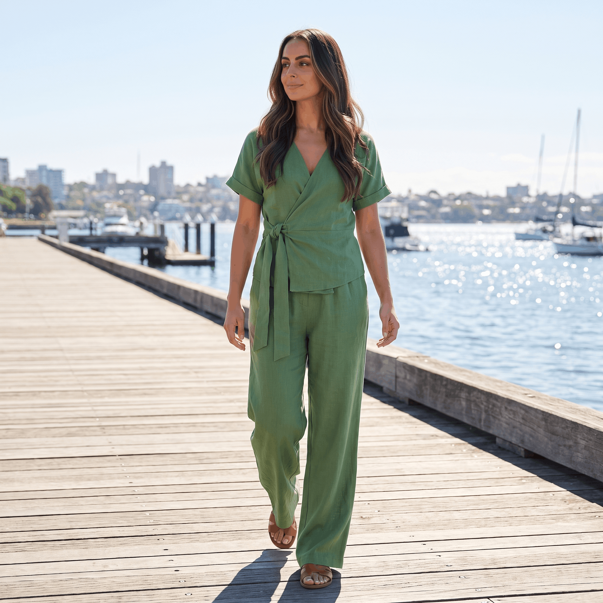 Winona Cotton-Linen Wide-Leg Set – Tie-Waist V-Neck Relaxed Outfit