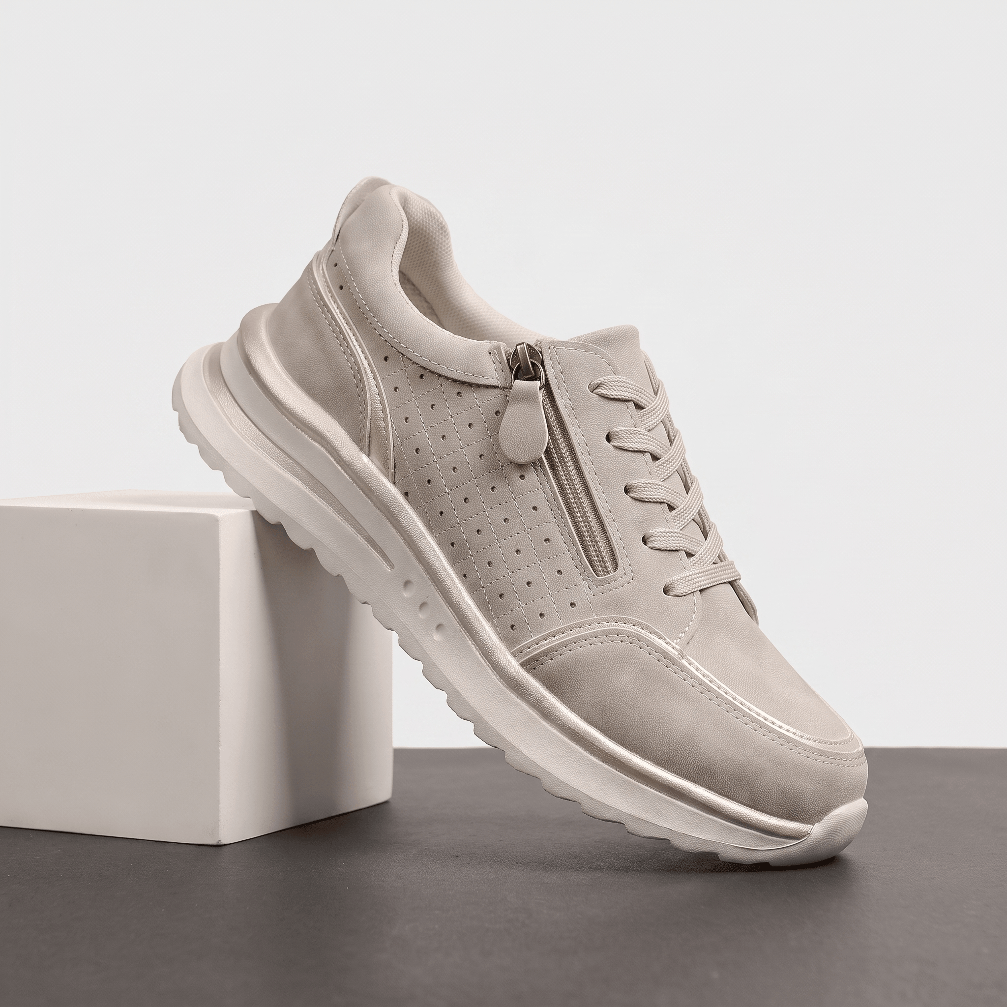 Geneva Perforated Mesh Sneakers – Side-Zip Lace-Up Cushioned Trainers