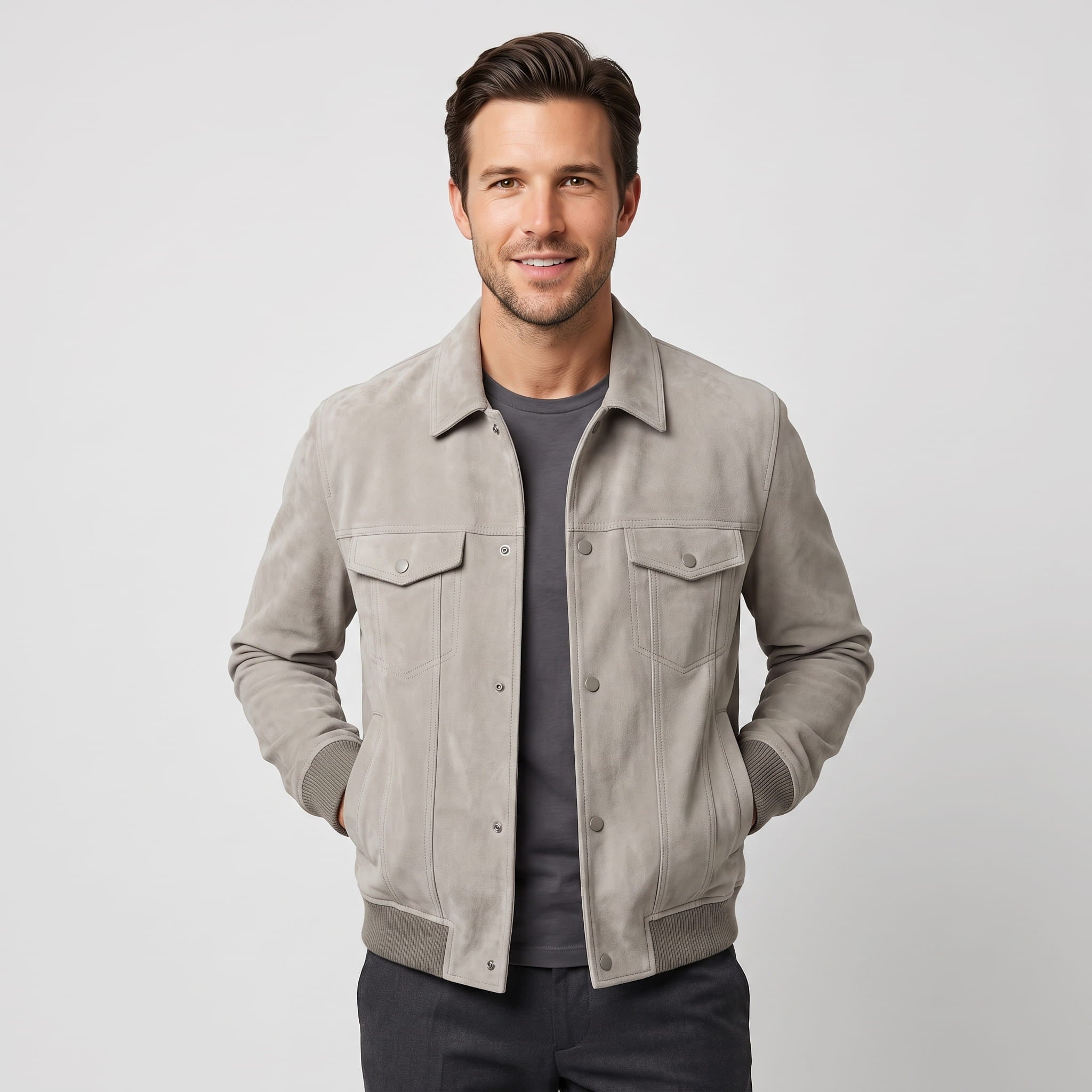Sandro Suede Trucker Jacket – Snap-Button Ribbed Structured Outerwear