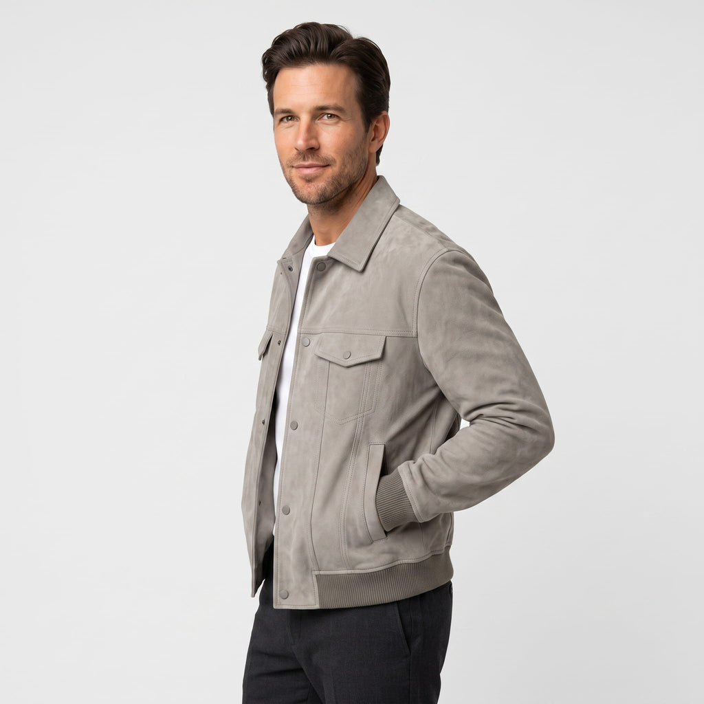 Sandro Suede Trucker Jacket – Snap-Button Ribbed Structured Outerwear