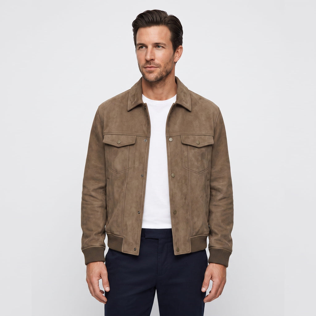 Sandro Suede Trucker Jacket – Snap-Button Ribbed Structured Outerwear