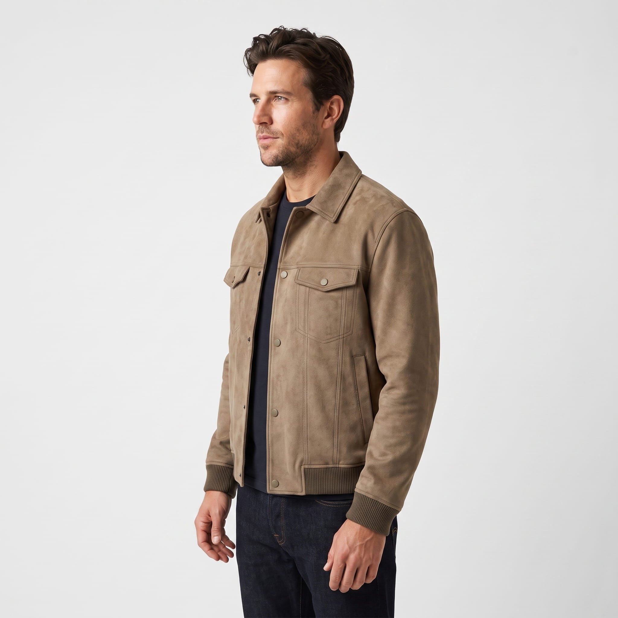 Sandro Suede Trucker Jacket – Snap-Button Ribbed Structured Outerwear