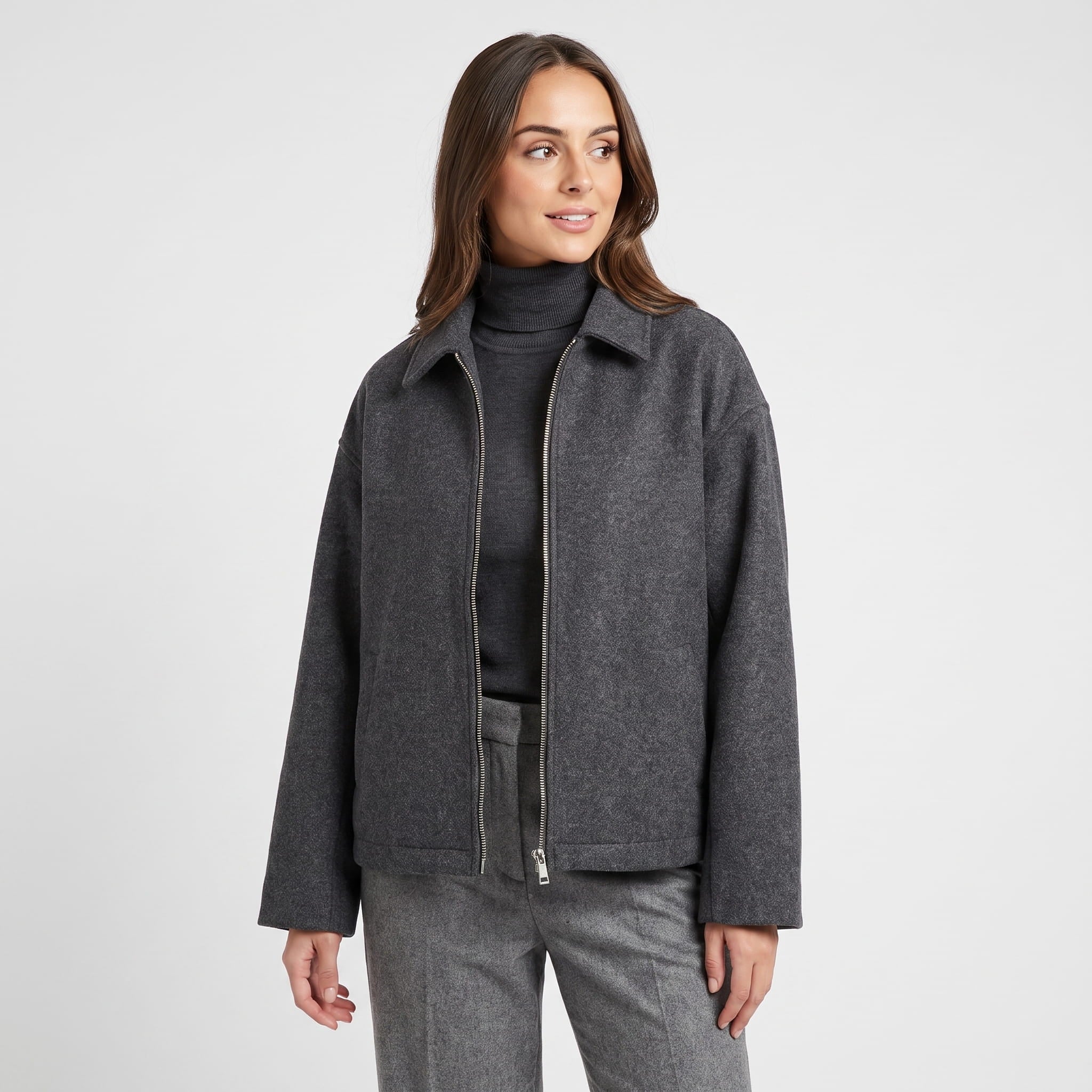 Bettina Wool Blend Cropped Jacket – Oversized Zip-Up Outerwear