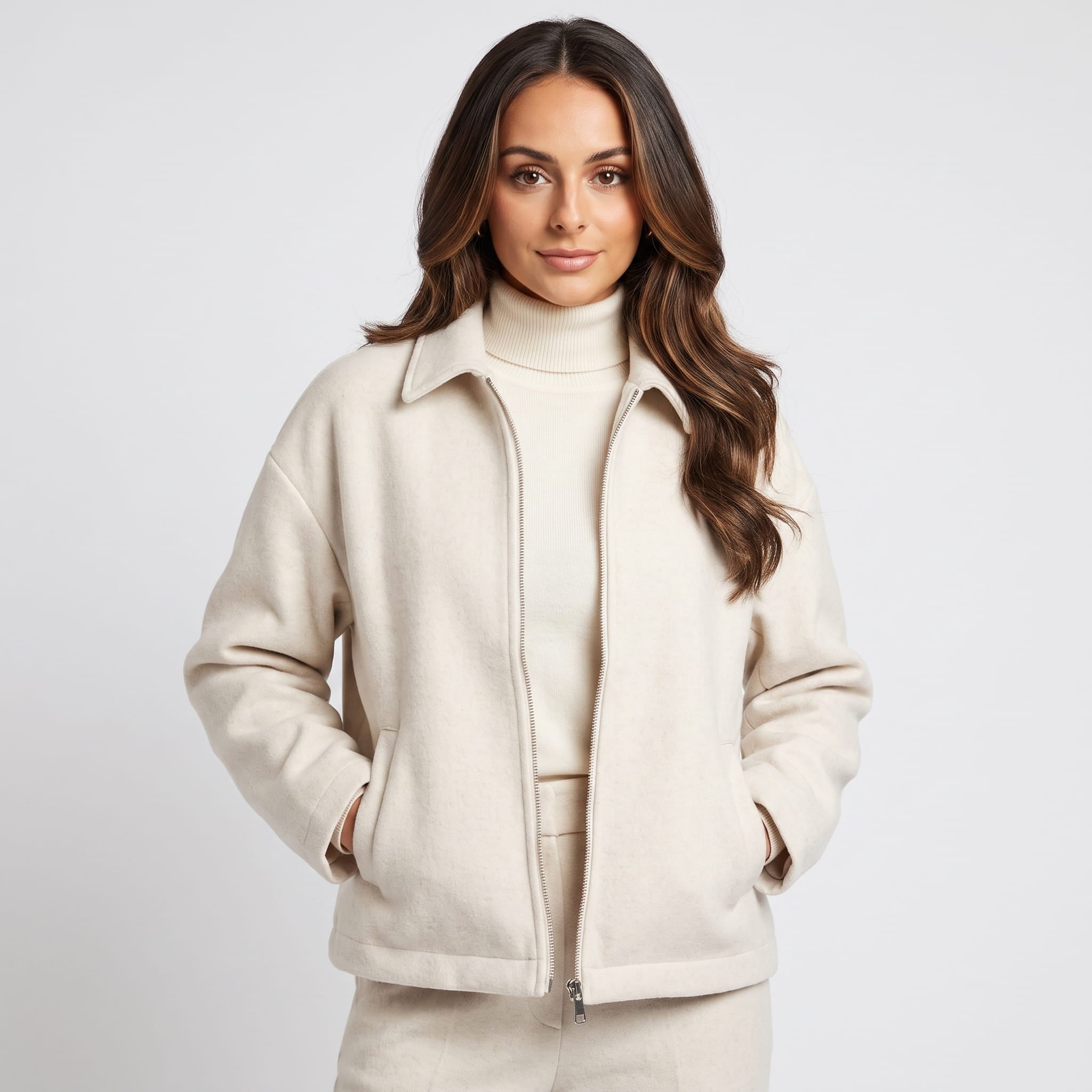 Bettina Wool Blend Cropped Jacket – Oversized Zip-Up Outerwear