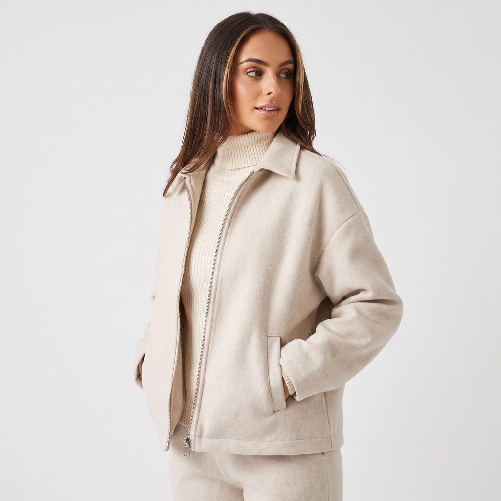 Bettina Wool Blend Cropped Jacket – Oversized Zip-Up Outerwear