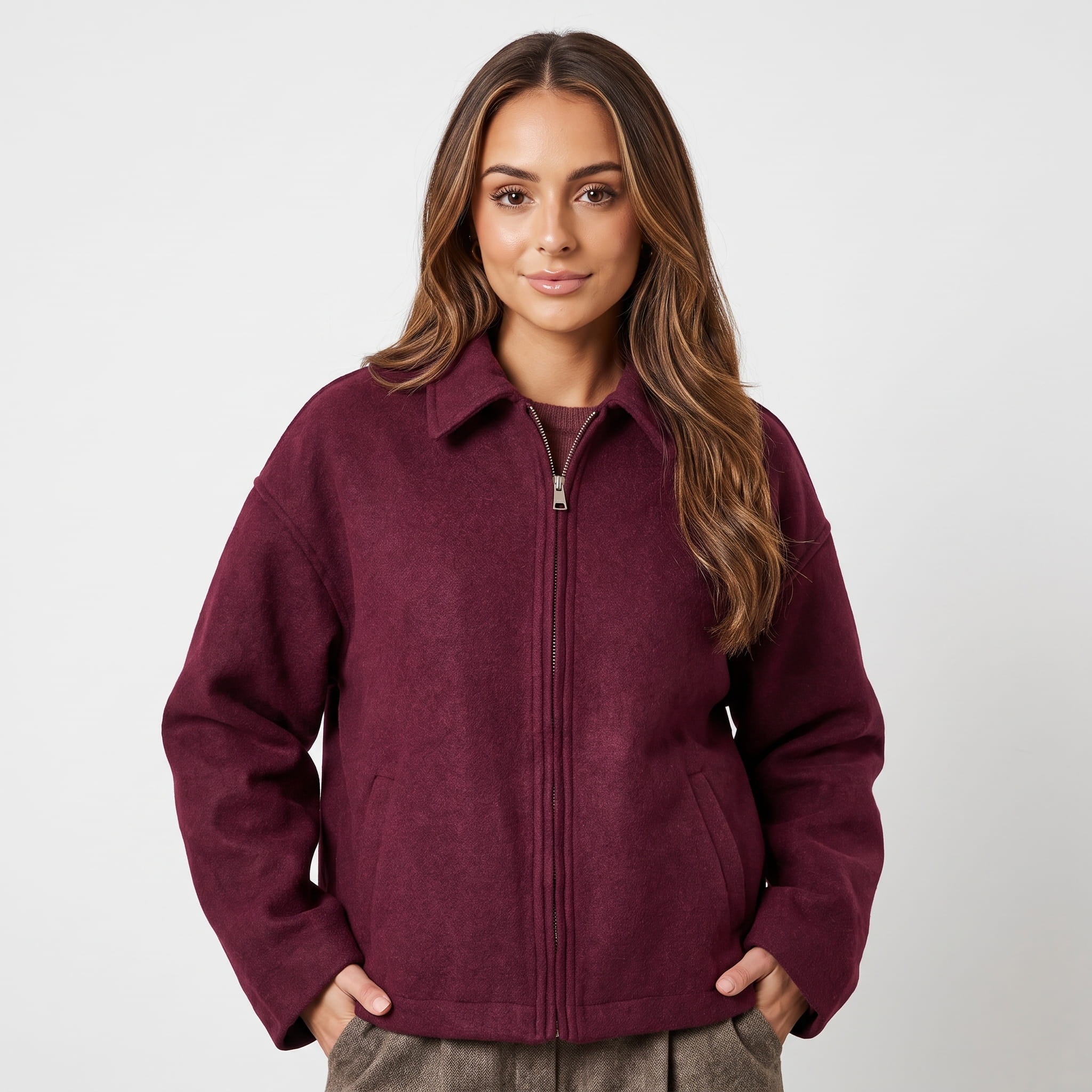 Bettina Wool Blend Cropped Jacket – Oversized Zip-Up Outerwear