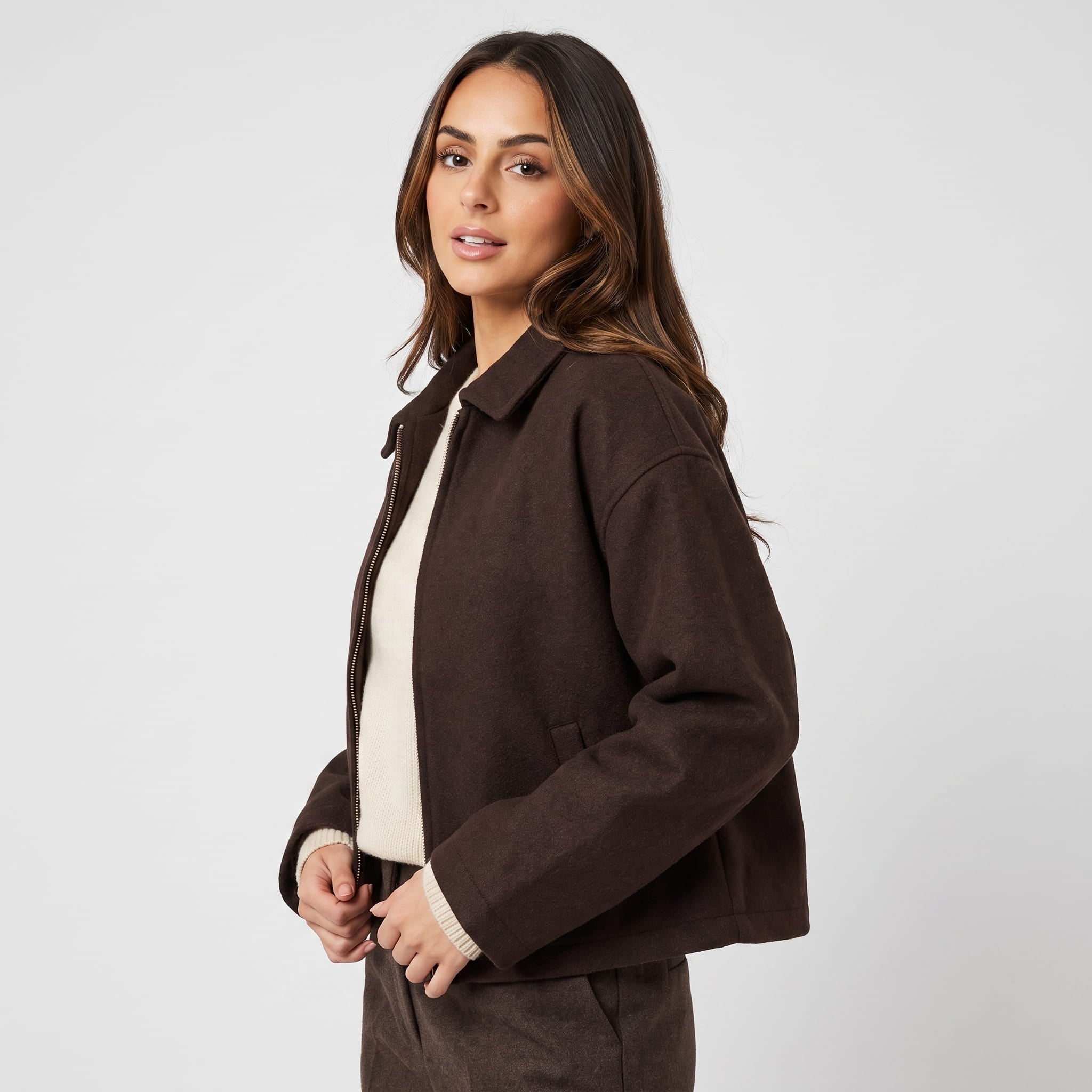 Bettina Wool Blend Cropped Jacket – Oversized Zip-Up Outerwear