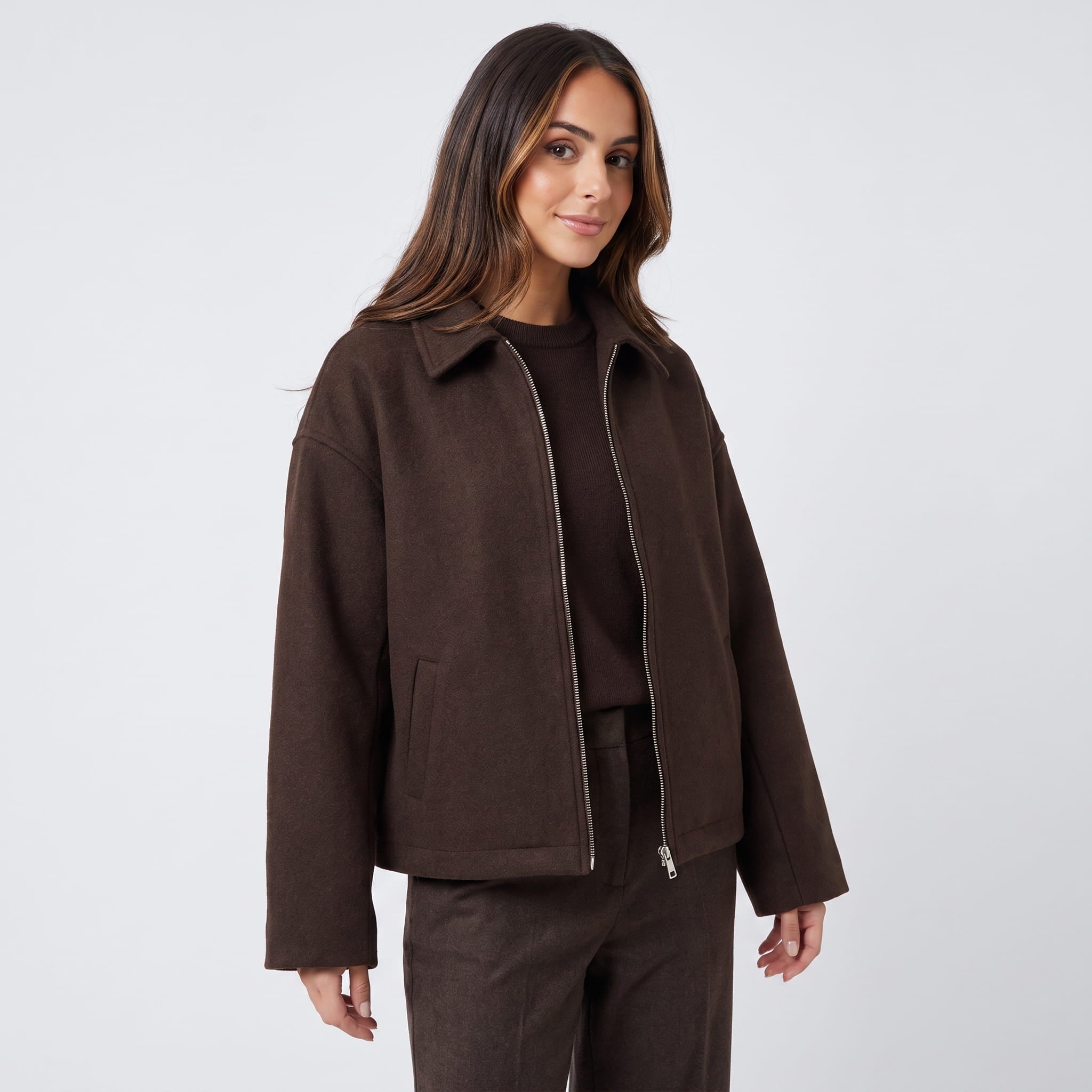 Bettina Wool Blend Cropped Jacket – Oversized Zip-Up Outerwear