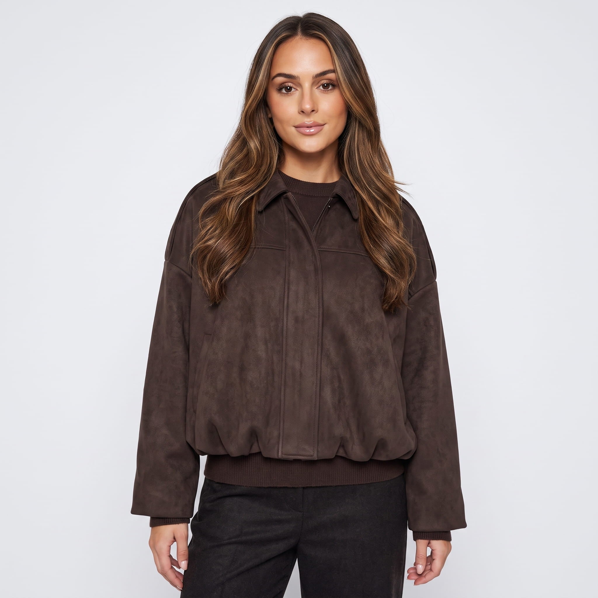 Sofia Suede Cropped Jacket – Oversized Drop-Shoulder Boxy Outerwear