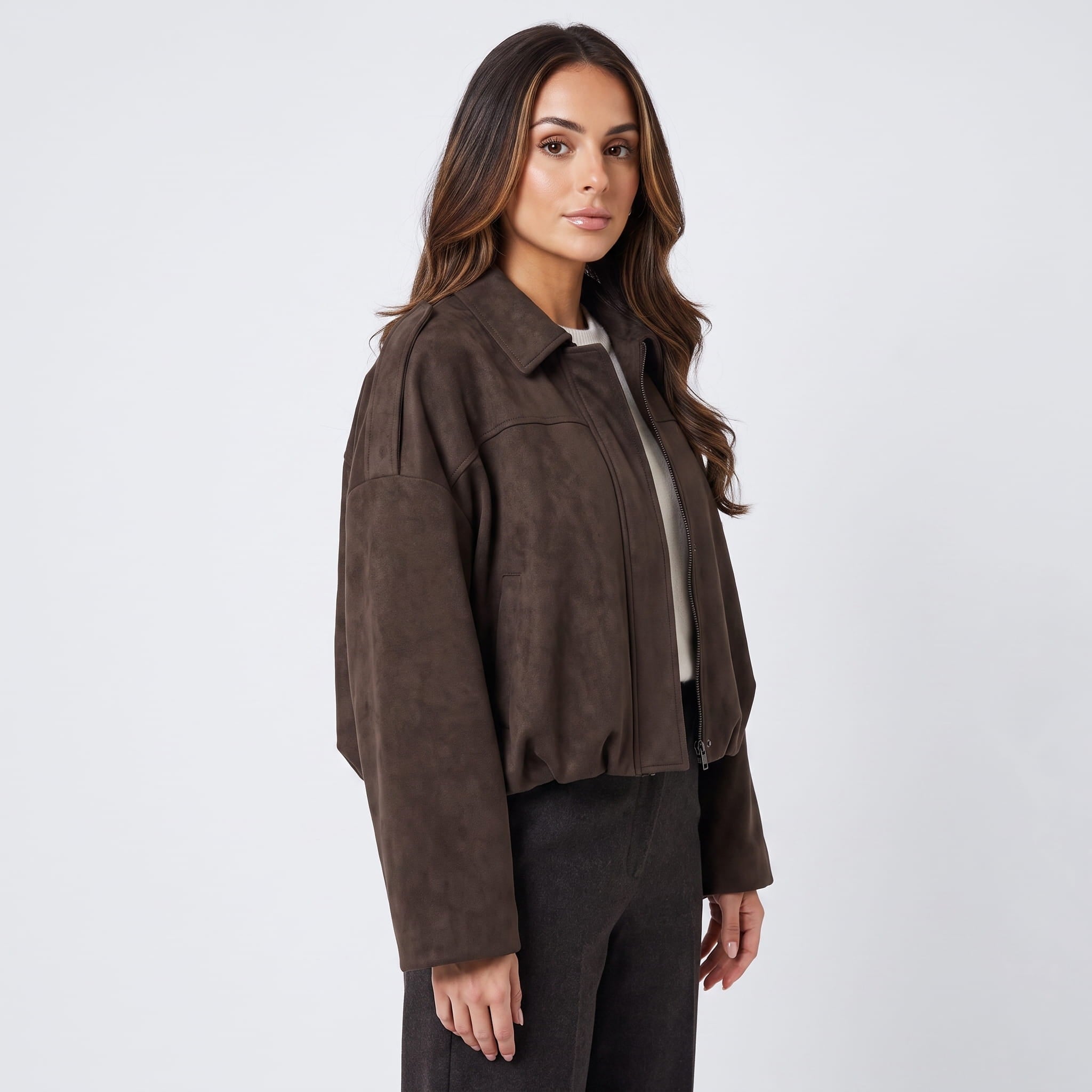 Sofia Suede Cropped Jacket – Oversized Drop-Shoulder Boxy Outerwear