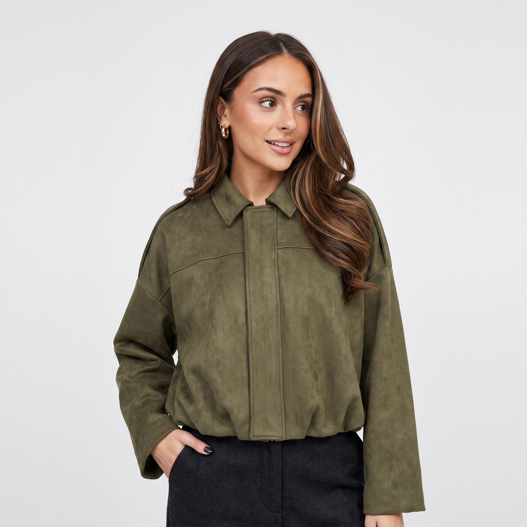 Sofia Suede Cropped Jacket – Oversized Drop-Shoulder Boxy Outerwear