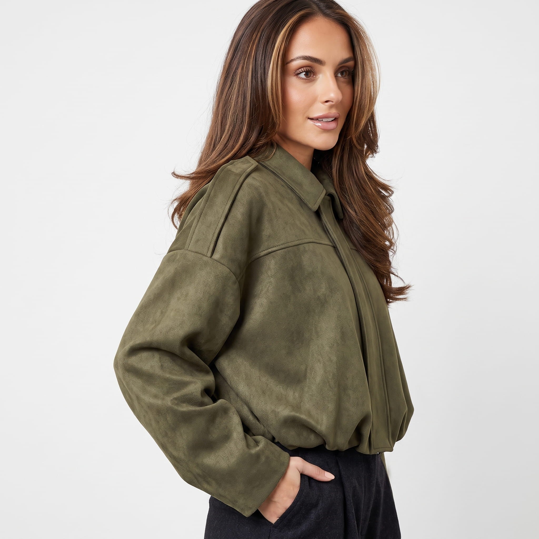 Sofia Suede Cropped Jacket – Oversized Drop-Shoulder Boxy Outerwear