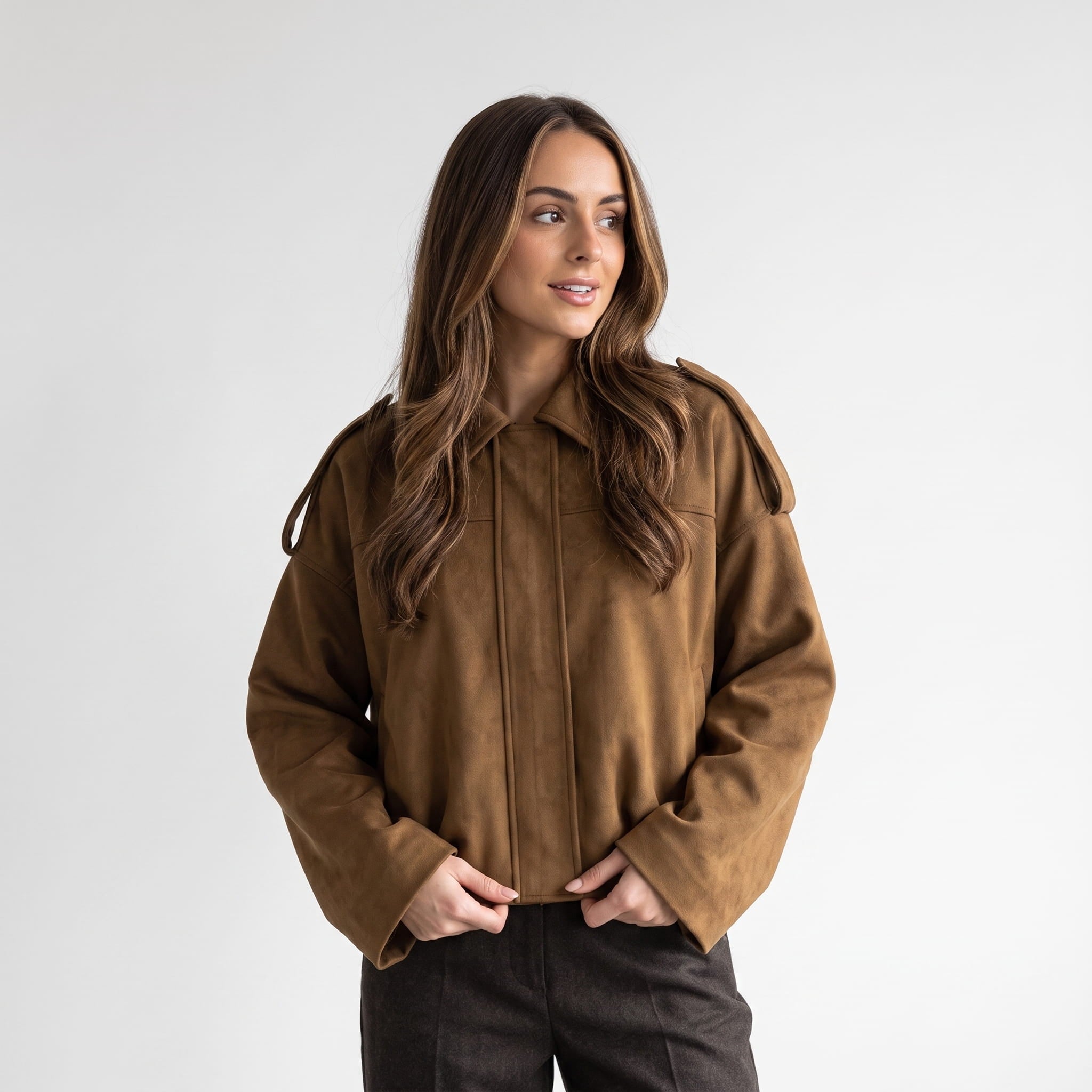 Sofia Suede Cropped Jacket – Oversized Drop-Shoulder Boxy Outerwear