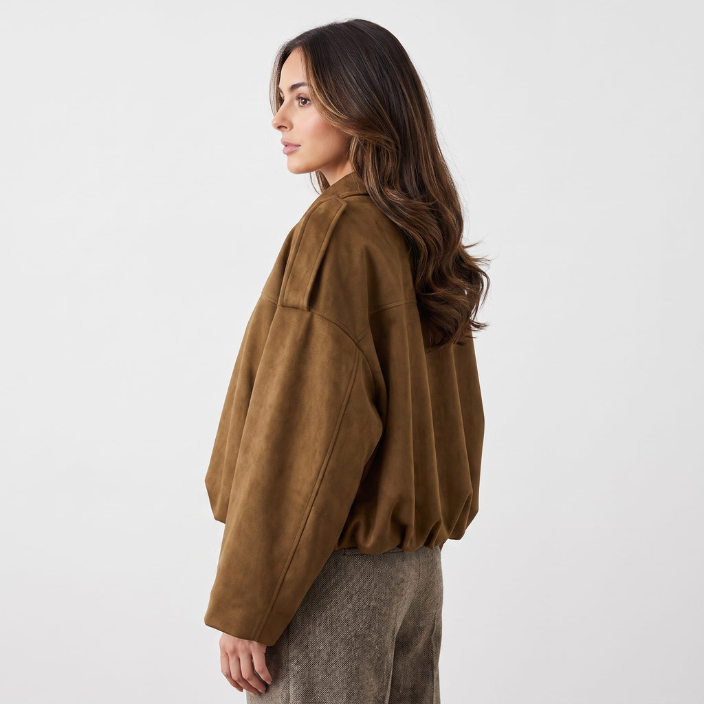 Sofia Suede Cropped Jacket – Oversized Drop-Shoulder Boxy Outerwear