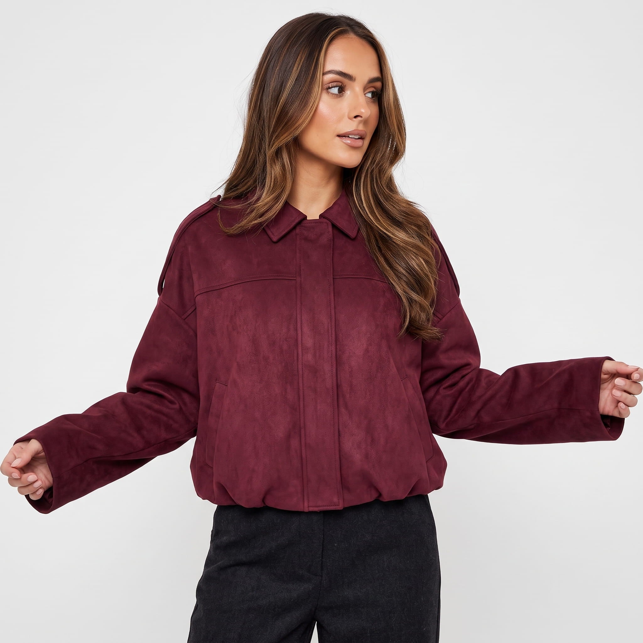 Sofia Suede Cropped Jacket – Oversized Drop-Shoulder Boxy Outerwear