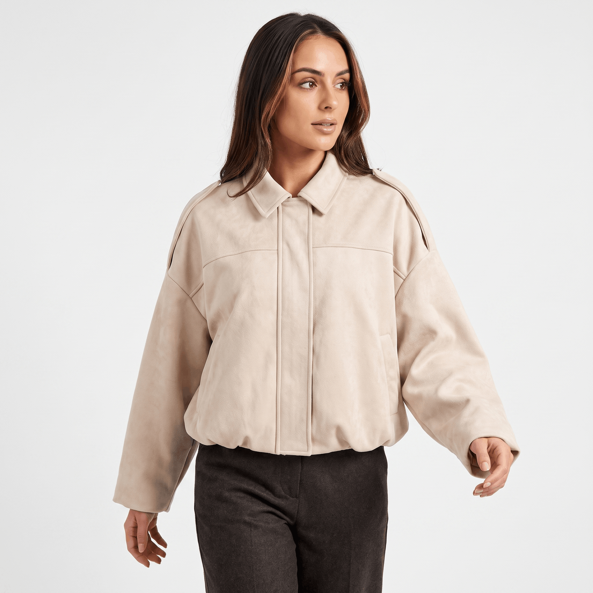 Sofia Suede Cropped Jacket – Oversized Drop-Shoulder Boxy Outerwear