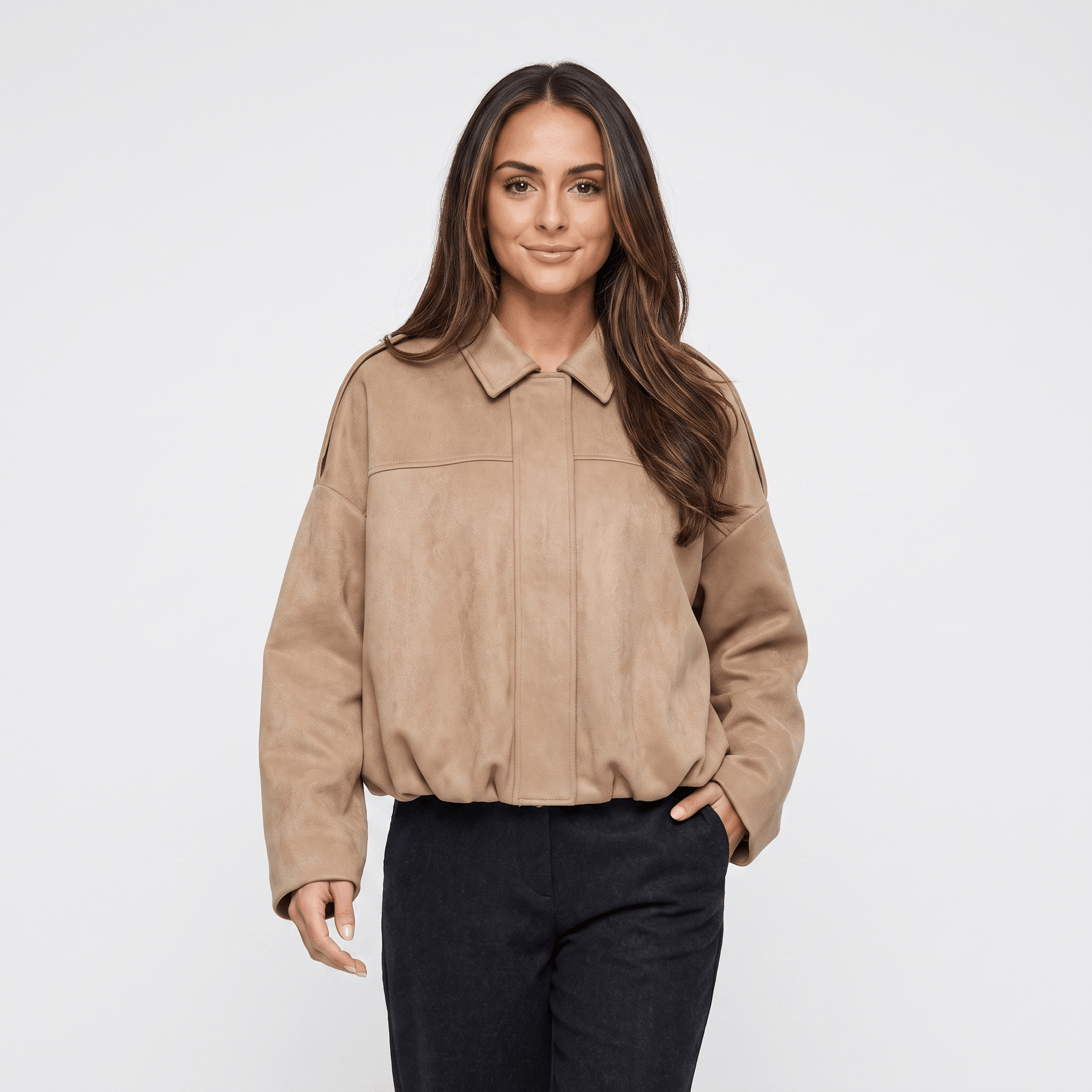 Sofia Suede Cropped Jacket – Oversized Drop-Shoulder Boxy Outerwear